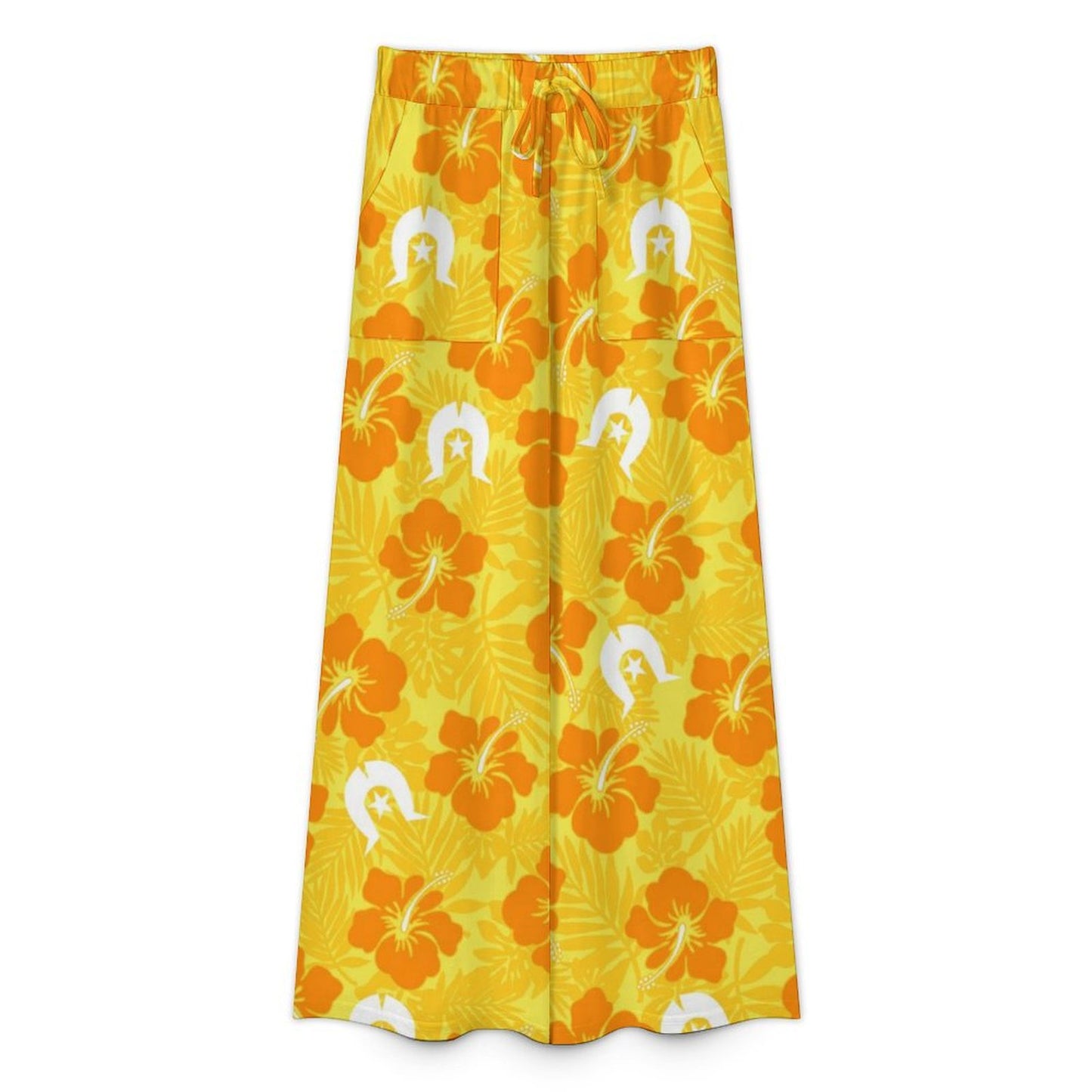 Hibiscus flowers with Dhari (Gold) on Women’s Wide-Leg Pants