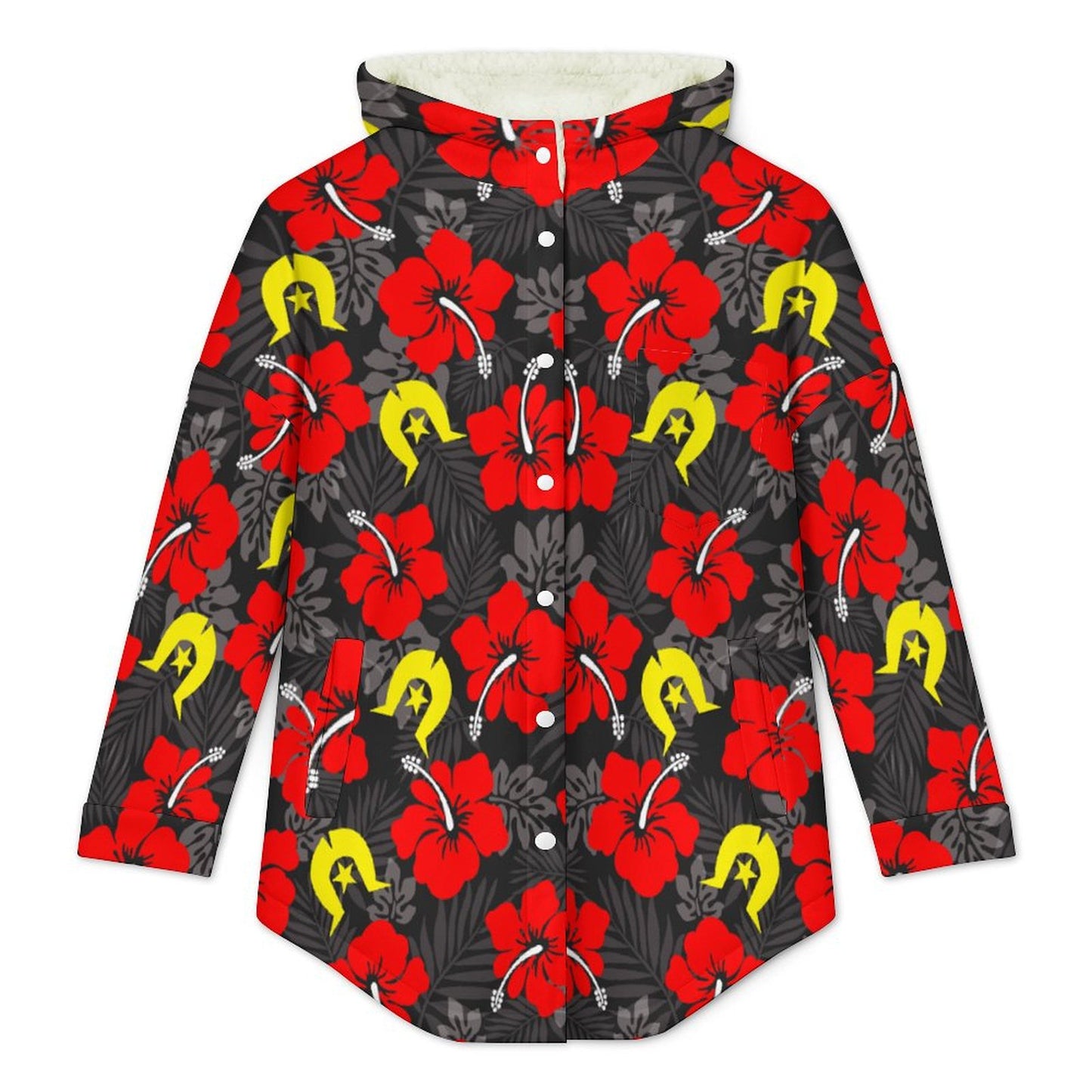 Royal Red Hibiscus with Yellow Dhari on Women's Full Snap Fleece Jacket