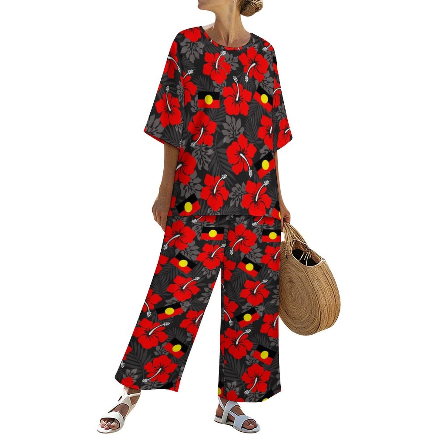 Hibiscus flowers with Aboriginal Flag on Women's Mediterranean Style Set