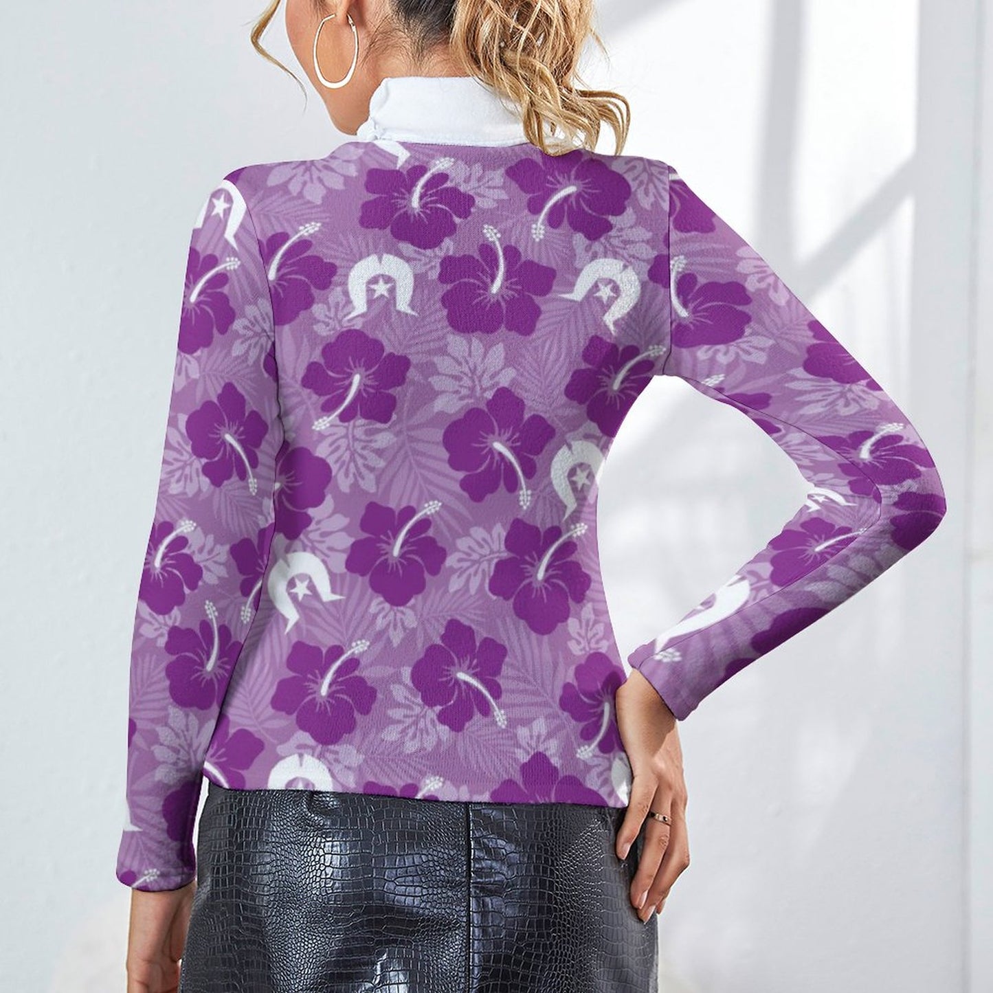 Hibiscus flowers with Dhari (Royal purple) on Women Long Sleeve Turtleneck Sweater