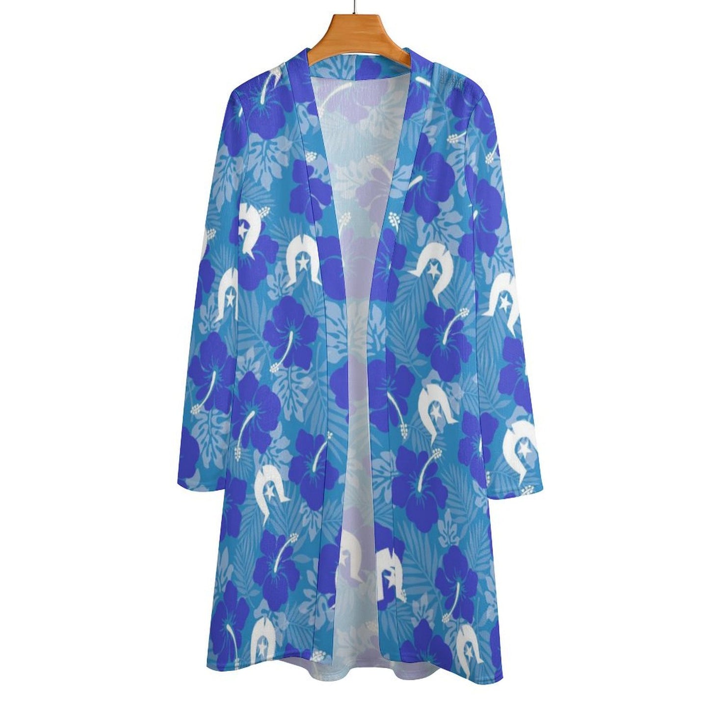 Hibiscus flowers with Dhari (Royal blue) on Women's Mid-length Cardigan