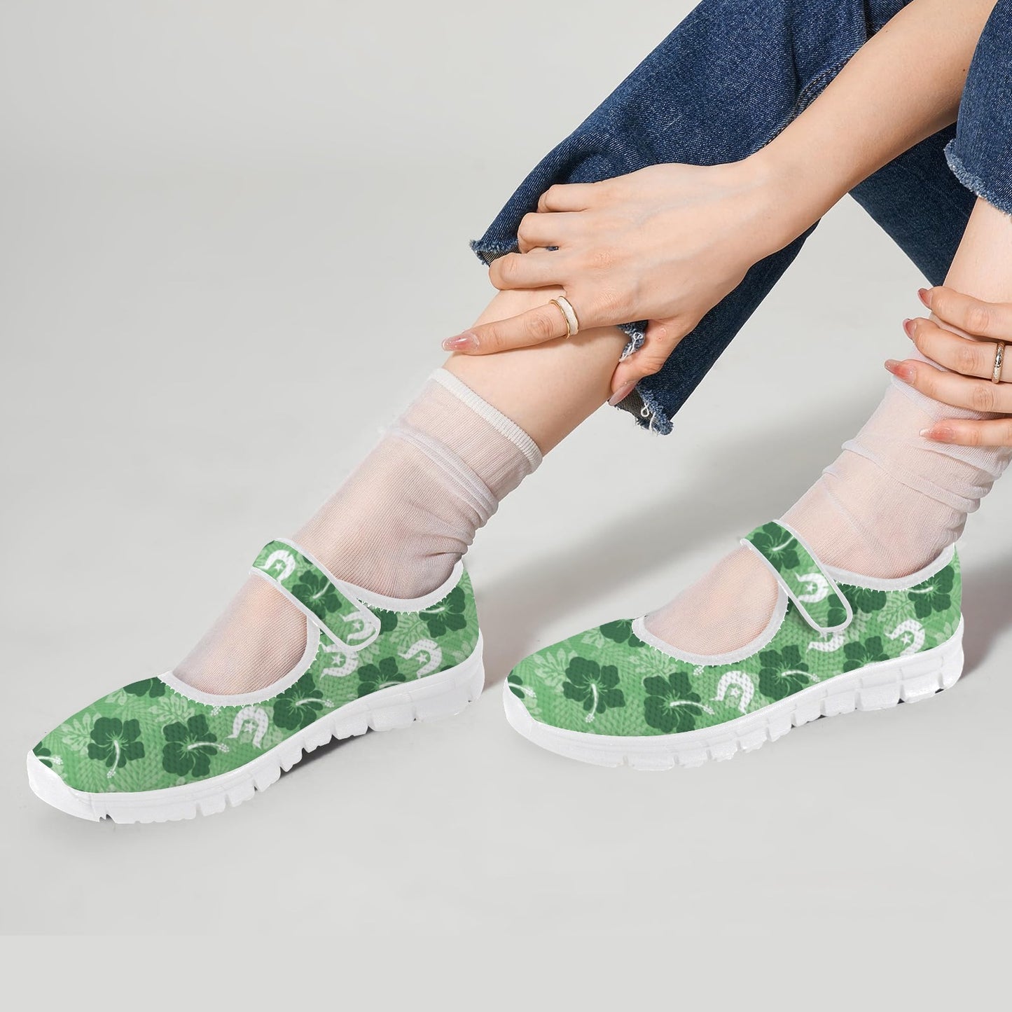 Hibiscus flowers with Dhari (Sea Grass Green) on Women's Mary Jane Shoes
