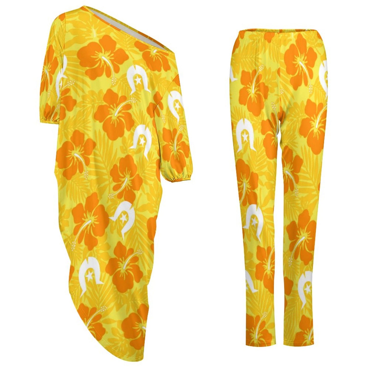 Hibiscus flowers with Dhari (Gold) on Diagonal Shoulder Two Piece Set