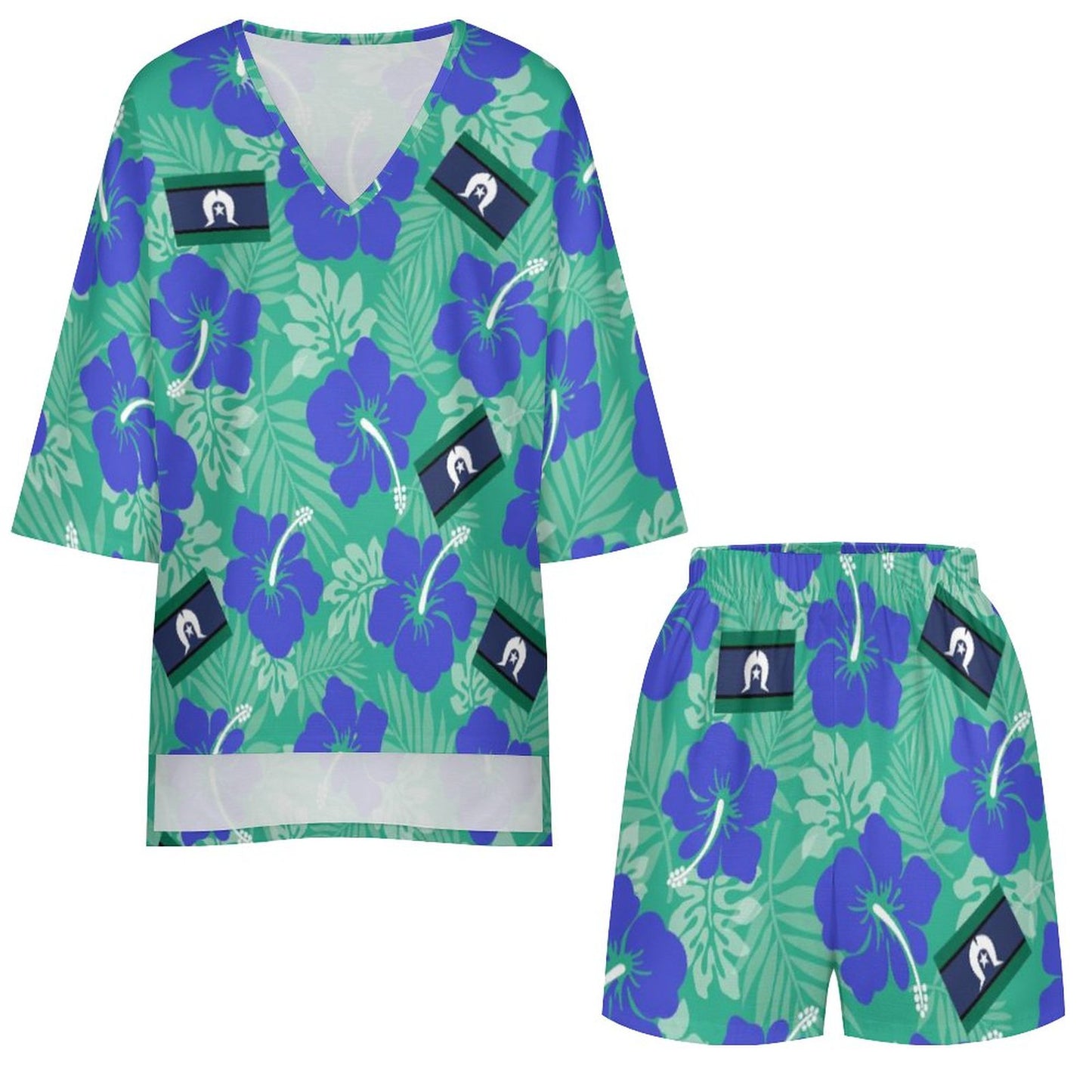 Hibiscus flowers with Torres Strait flag on Mediterranean Style V-Neck Suit
