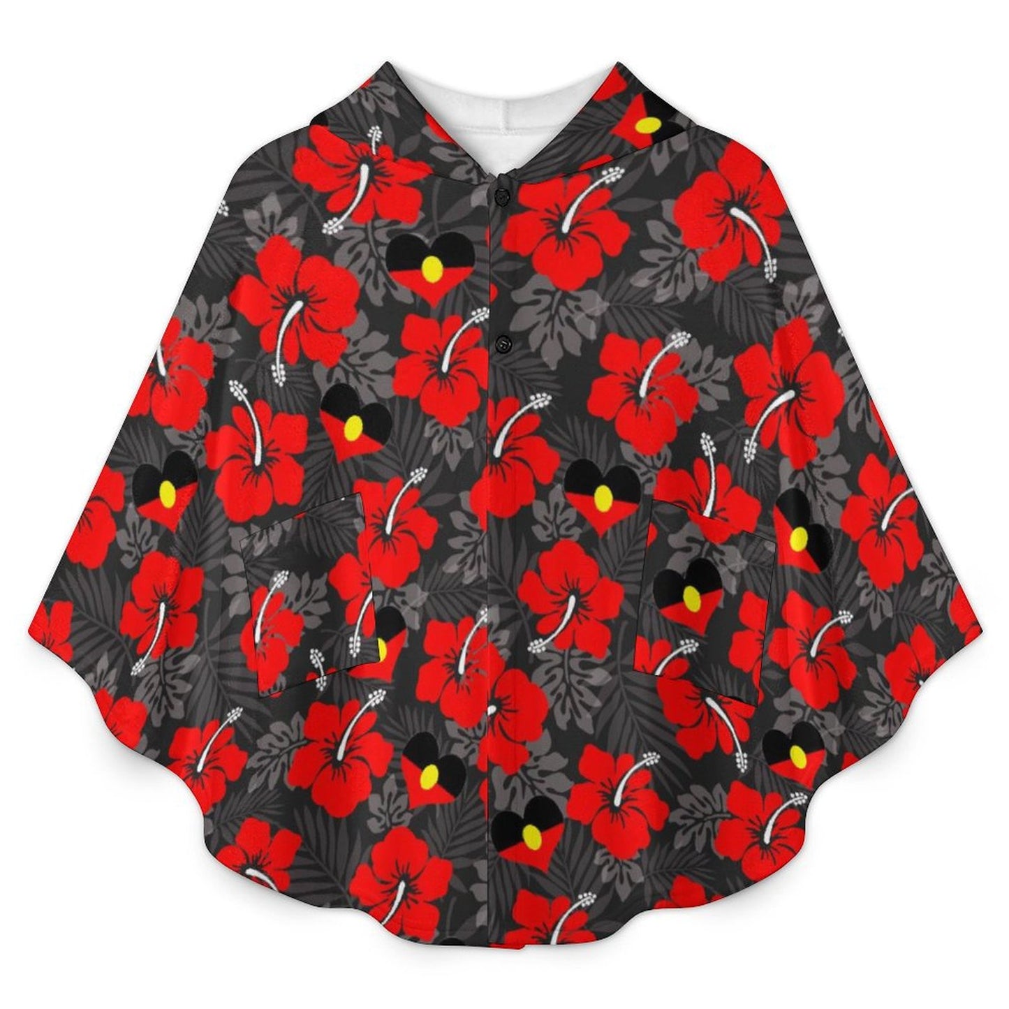 Royal Red Hibiscus and heart shaped Aboriginal flag on Fleece Hooded Cape for Adults