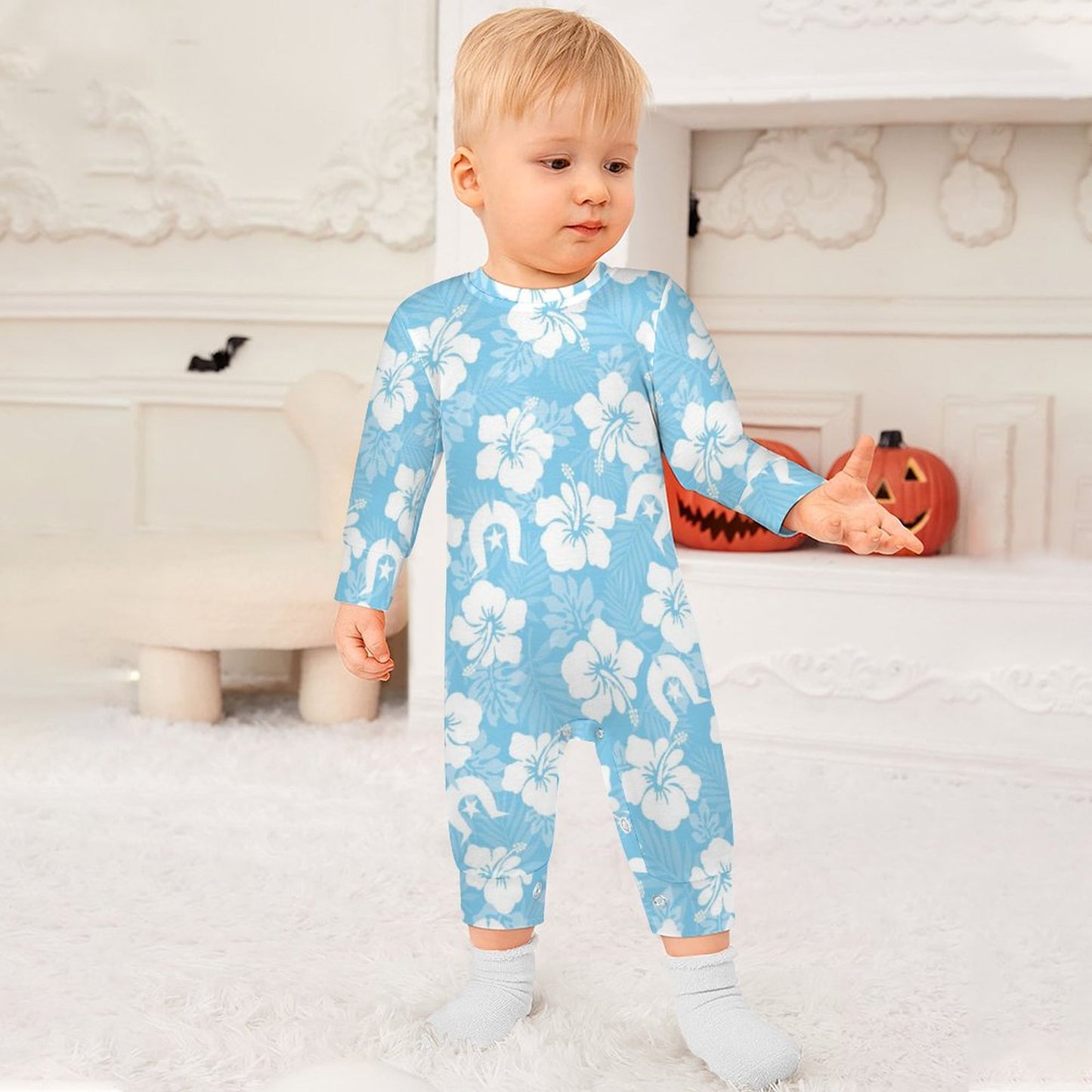 White Hibiscus and Dhari (blue) on Baby Romper