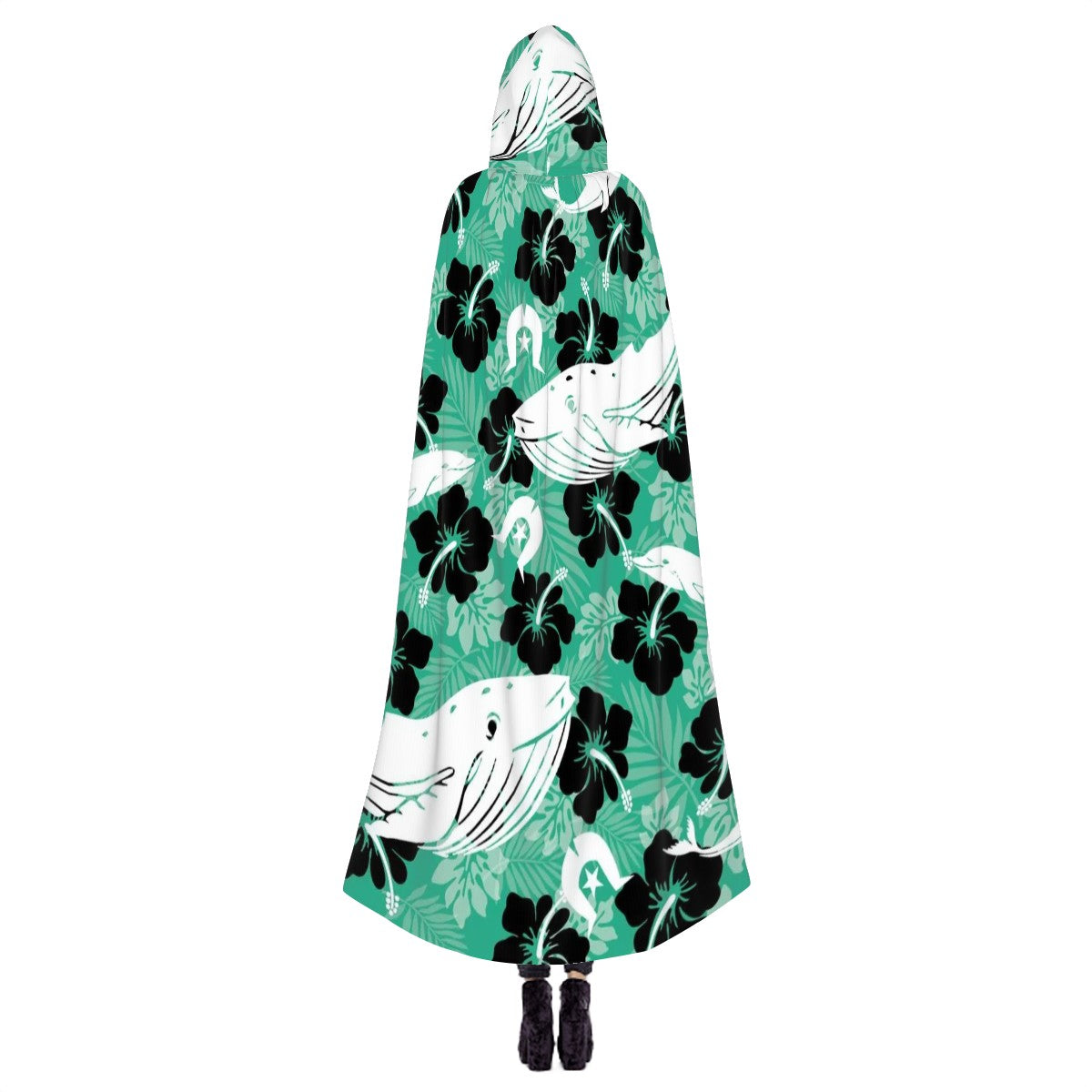 Black Hibiscus with Whale, Dolphin and Dhari on Hooded Cloak