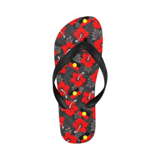 Royal Red Hibiscus and Aboriginal flag on Flip Flops (For both Men and Women)