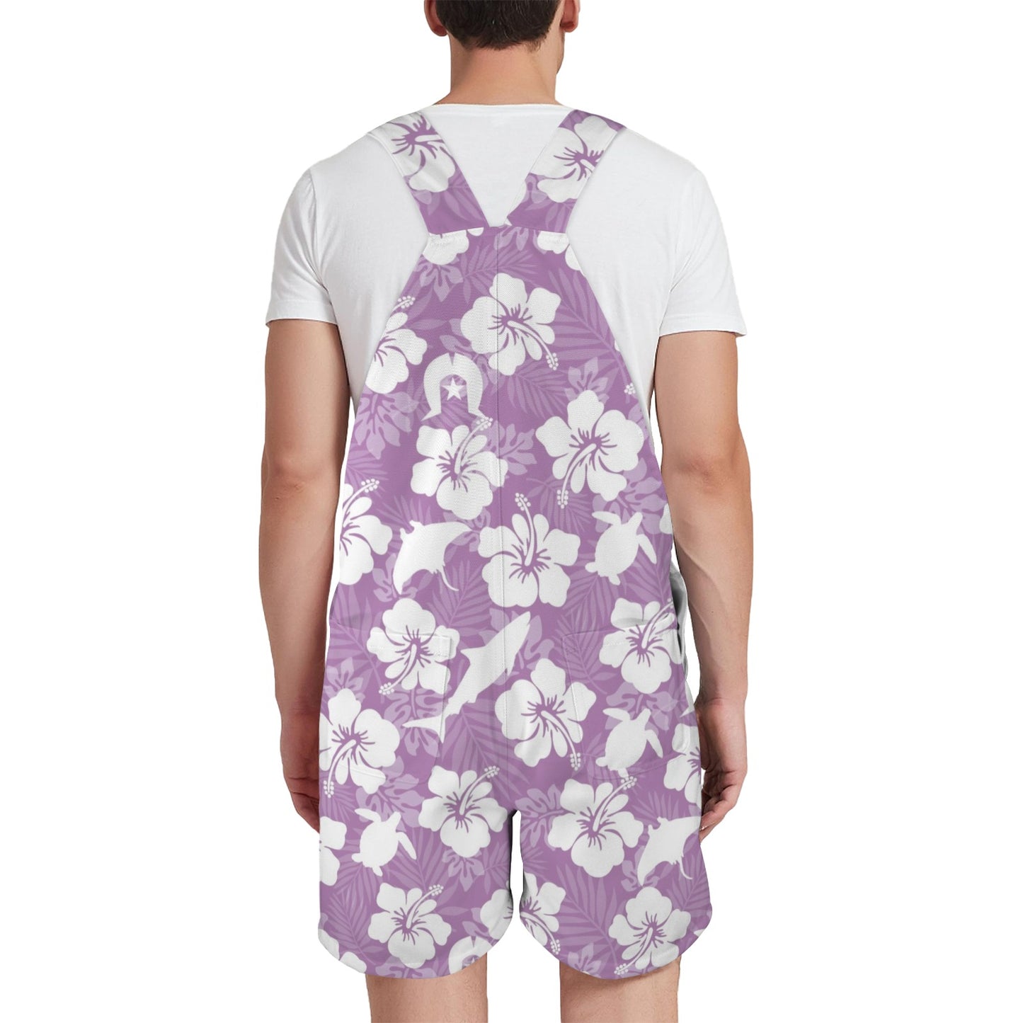 White hibiscus flowers with Dhari, Shark, turtle, and stingray (Purple) on Unisex Suspender Jumpsuit Unisex