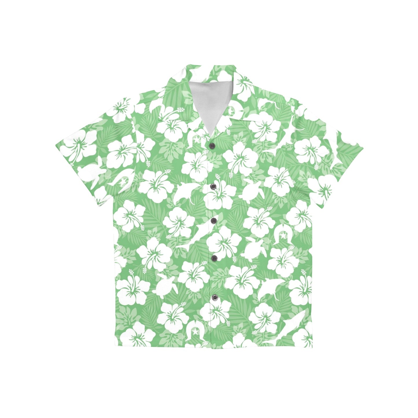 White hibiscus flowers with Dhari, Shark, turtle, and stingray (Green) on Little Boys' Hawaiian Shirt