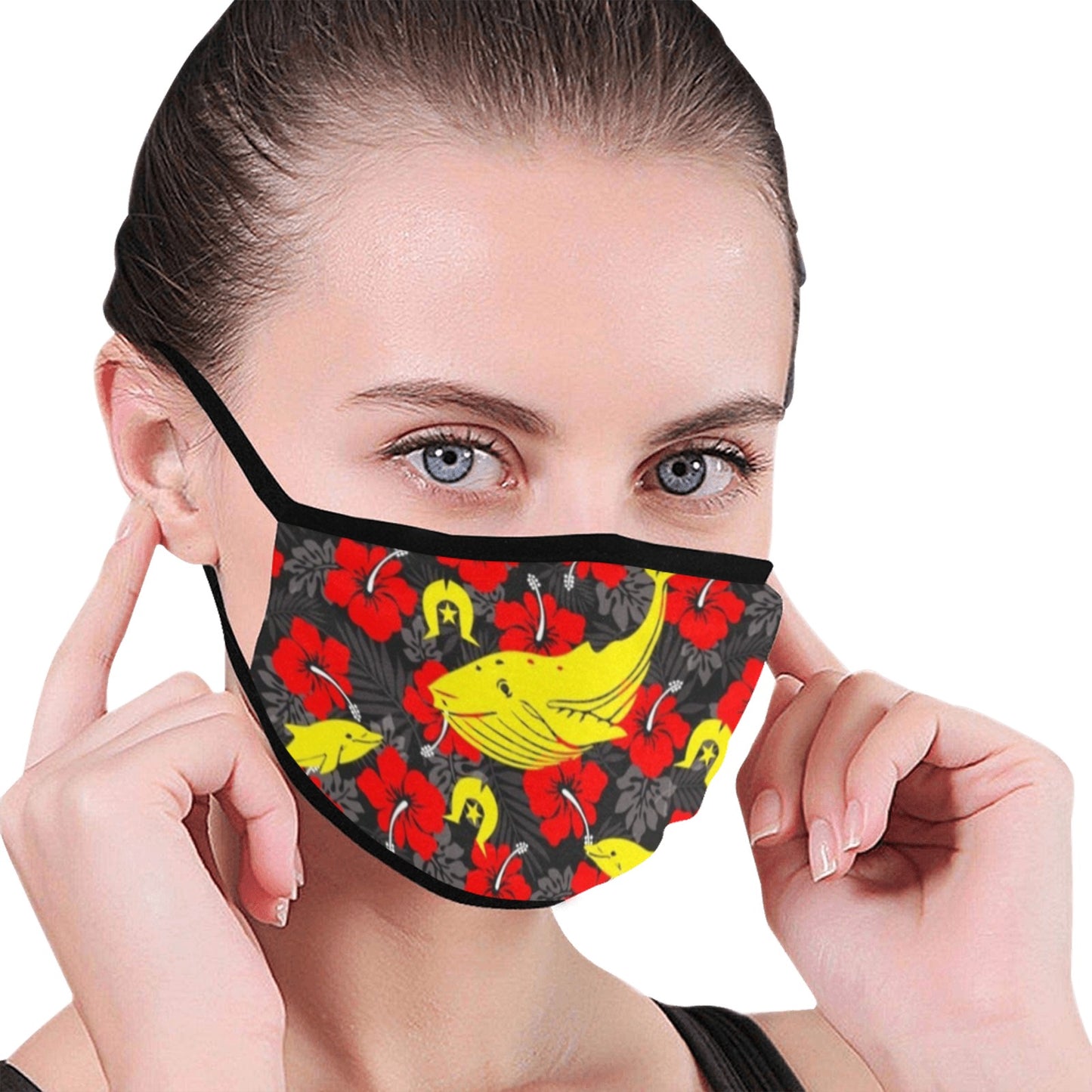 Royal Red Hibiscus with Yellow Dhari, Whale and Dolphin on Fabric facemask (30 PCS Filters Included)