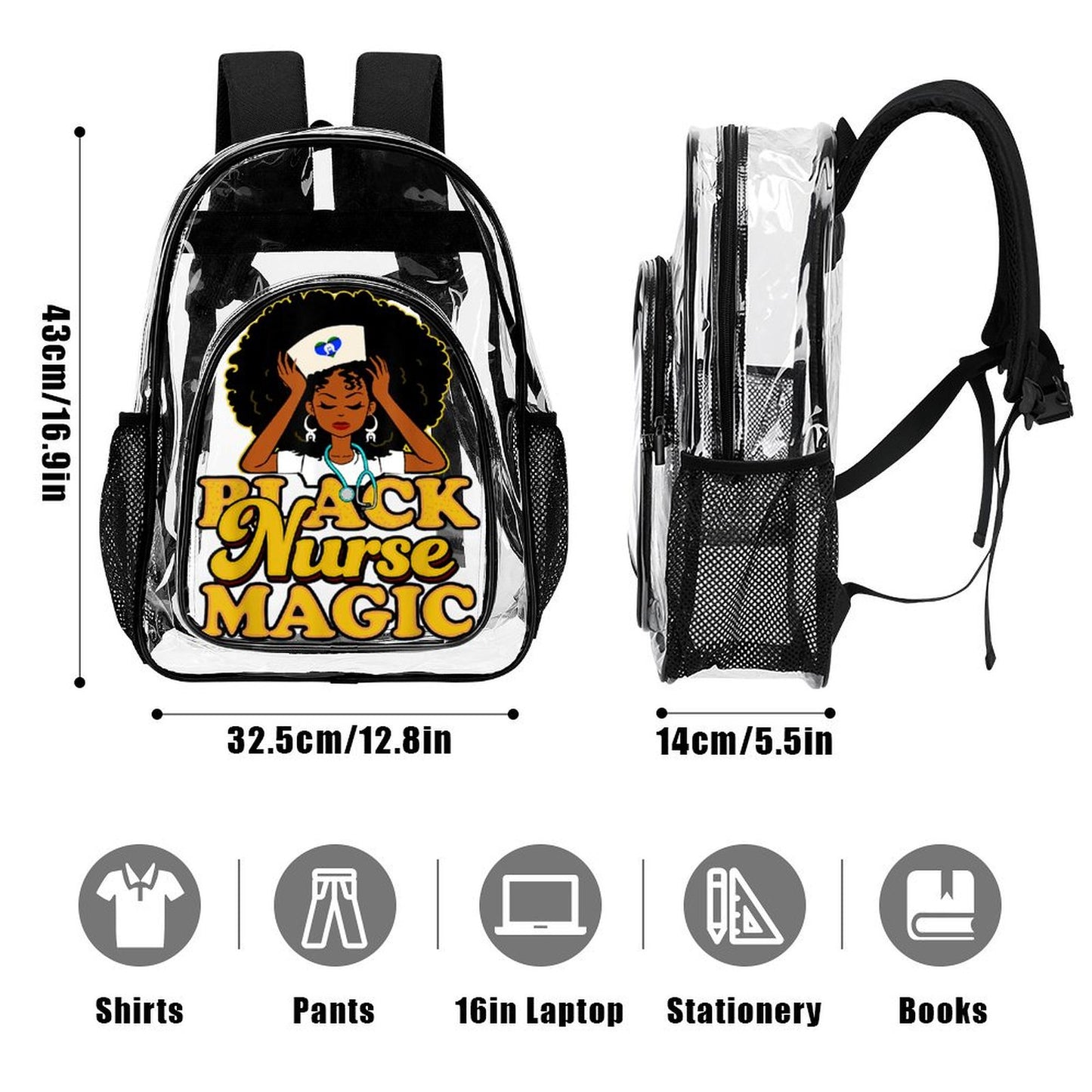 Black Nurse Magic with heart shaped Torres Strait flag on Clear Backpack