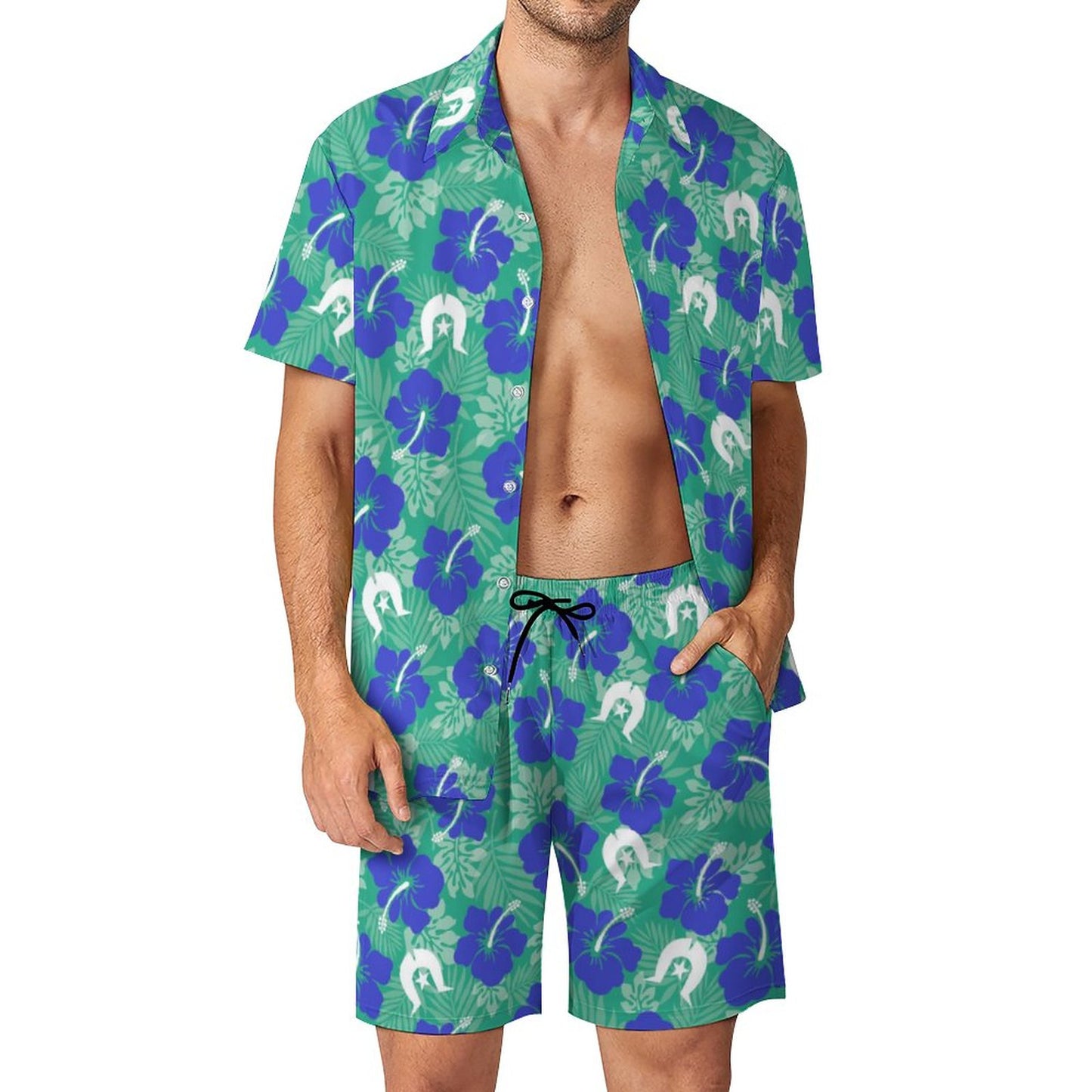 Royal Blue Hibiscus flowers with Dhari on Hawaiian Suits for Men