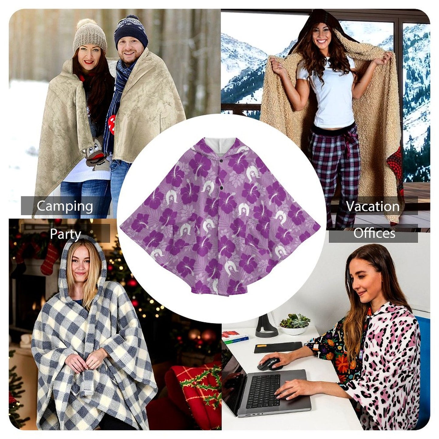 Hibiscus flowers with Dhari (Royal purple) on Fleece Hooded Cape for Adults