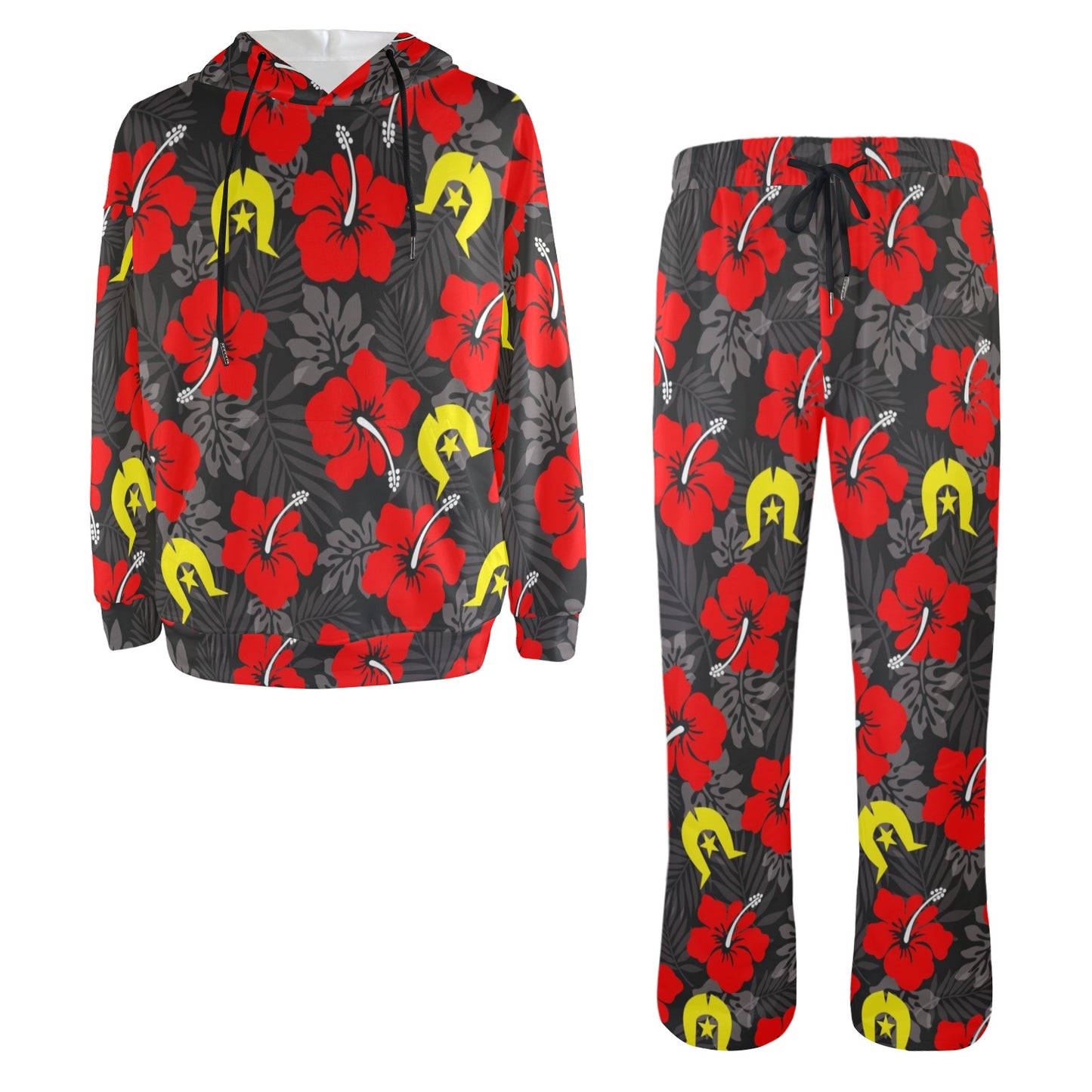 Royal Red Hibiscus with Yellow Dhari on Men's Streetwear Oversized Flared Tracksuit