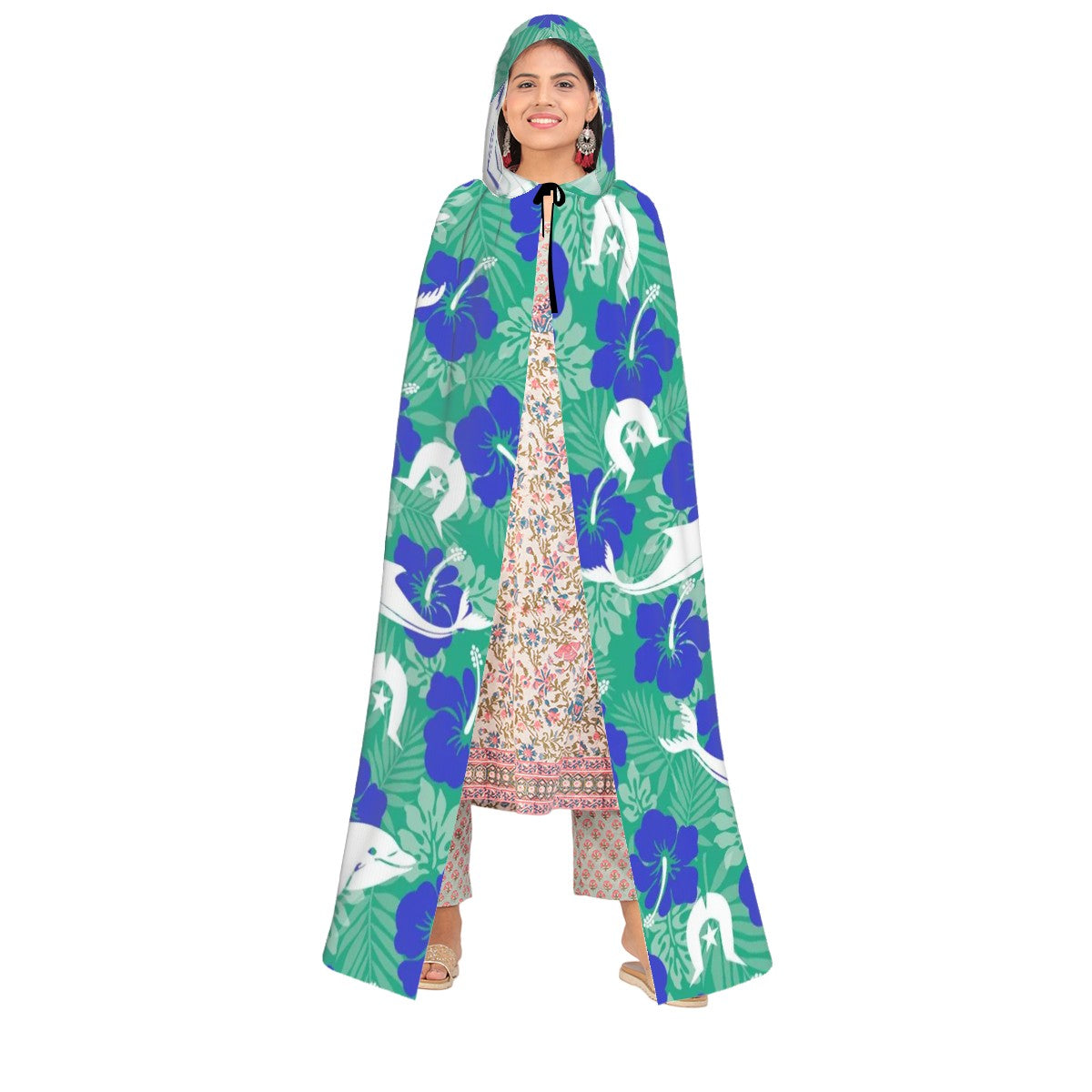 Royal Blue Hibiscus flowers with Whale, Dolphin and Dhari on Hooded Cloak