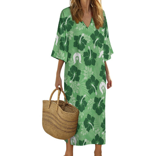 Hibiscus flowers with Dhari (Sea Grass Green) on Mediterranean Style V Neck Mid-Sleeve Robe