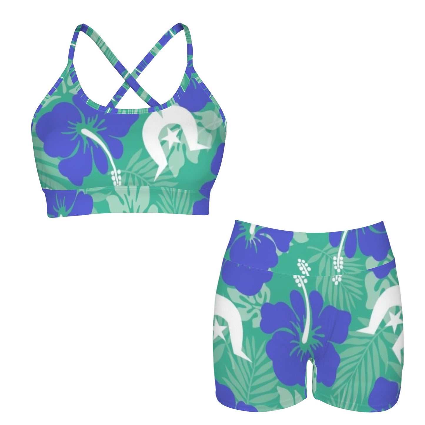 Royal Blue Hibiscus flowers with Dhari on Cross Back String Sports Bra & High Waist Shorts Active Sets