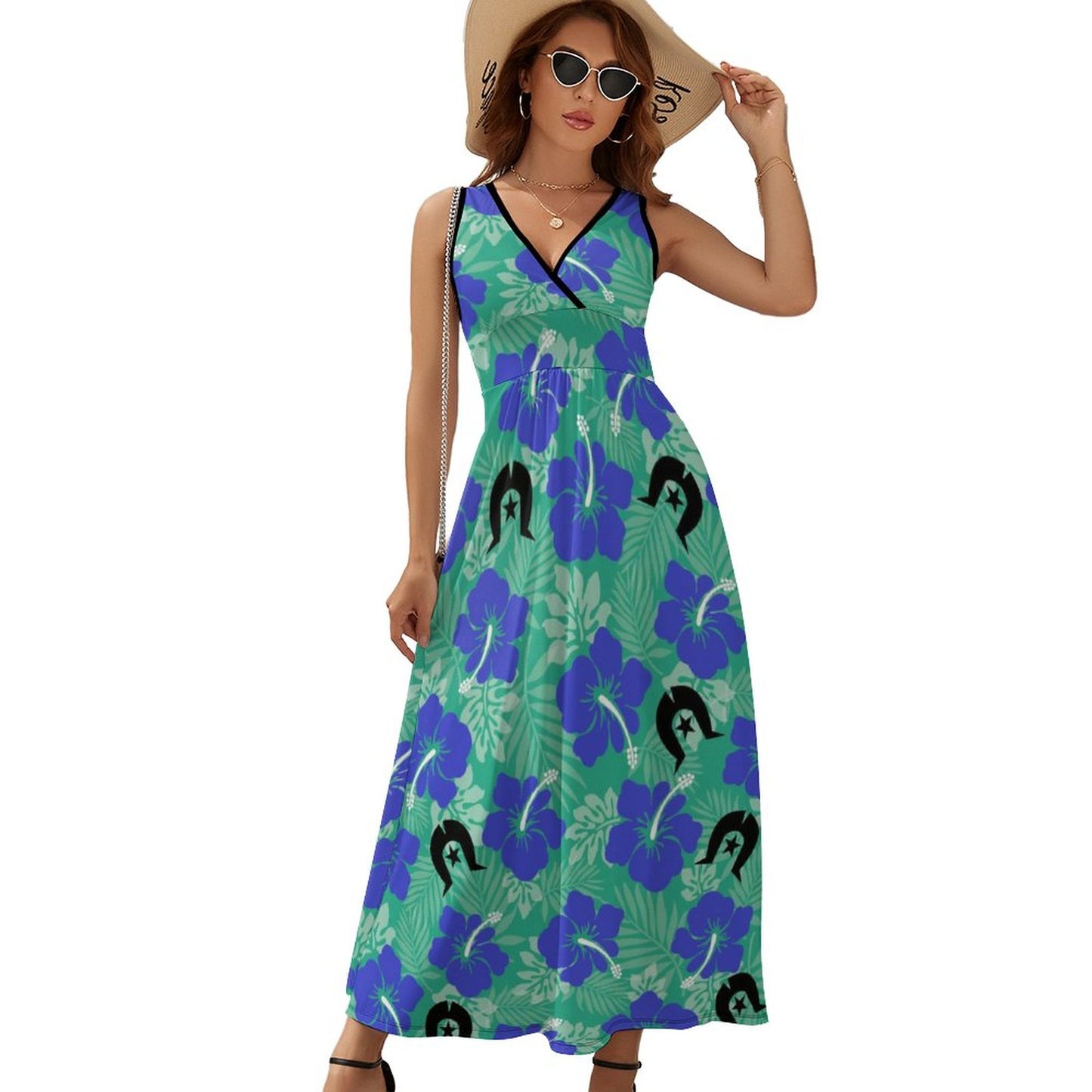Royal Blue Hibiscus flowers with Black Dhari on V Neck Sleeveless Dress