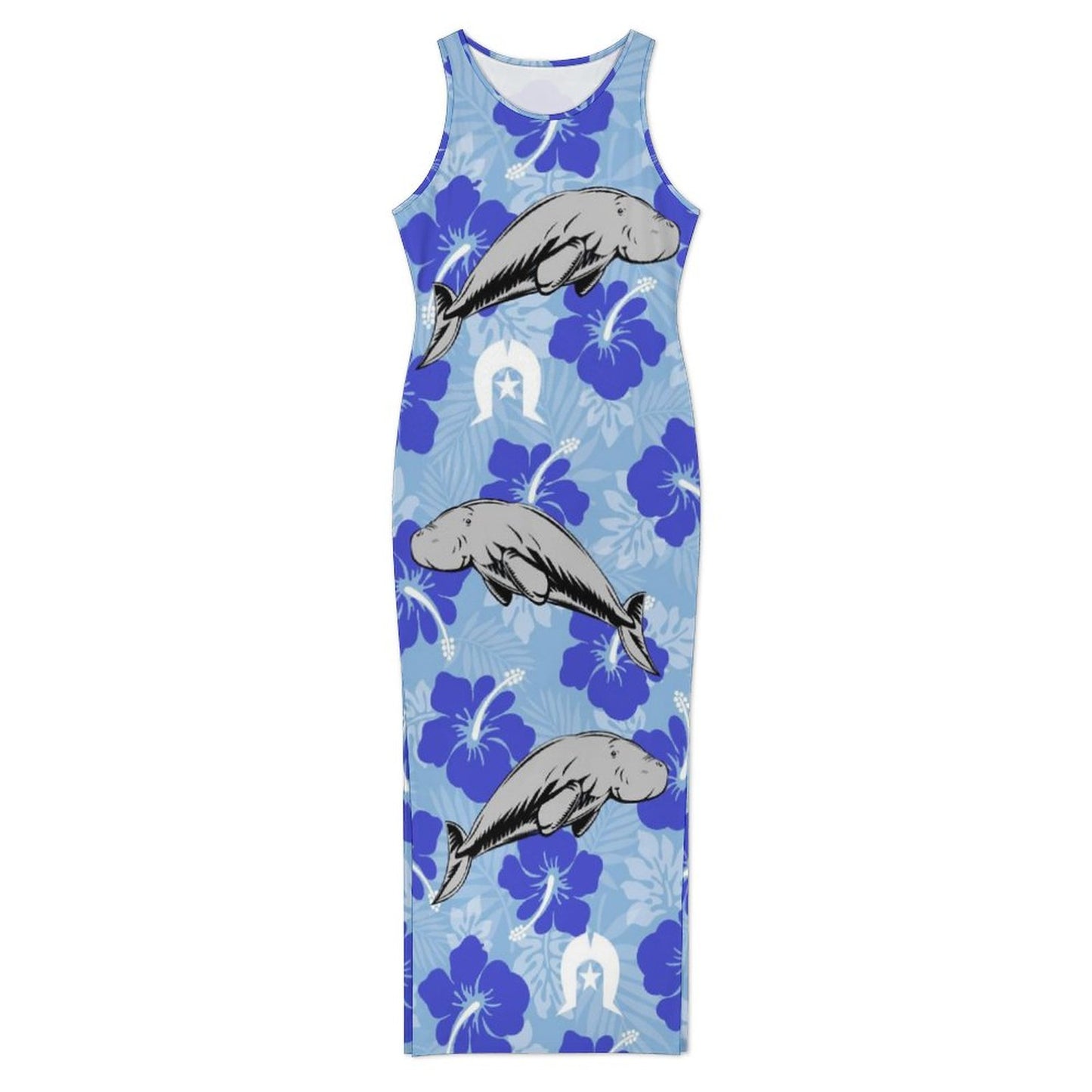 Hibiscus flowers with White Dhari and Dugong (Sky blue) on180gsm Slit Fitted Camisole Cheongsam