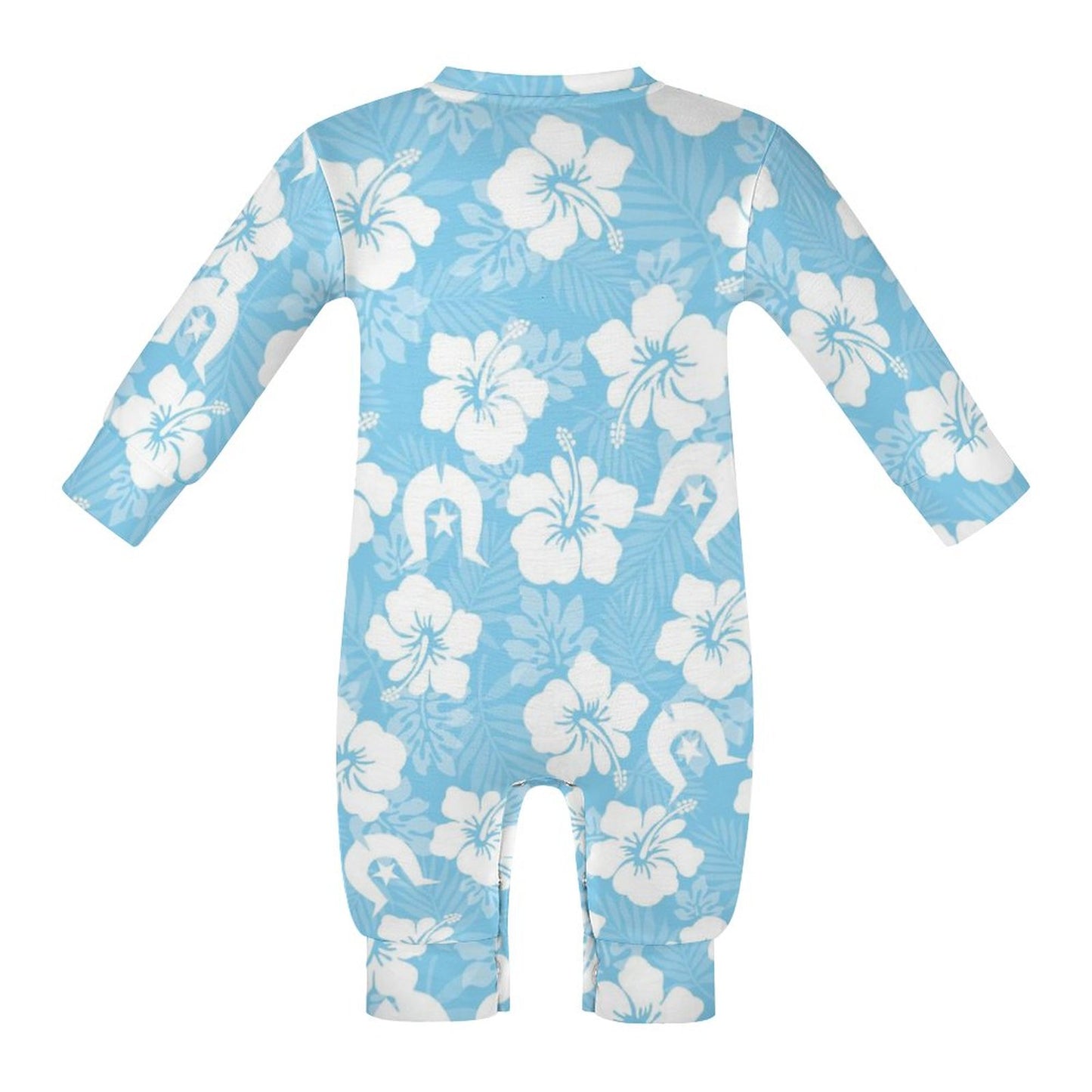 White Hibiscus and Dhari (blue) on Baby Romper