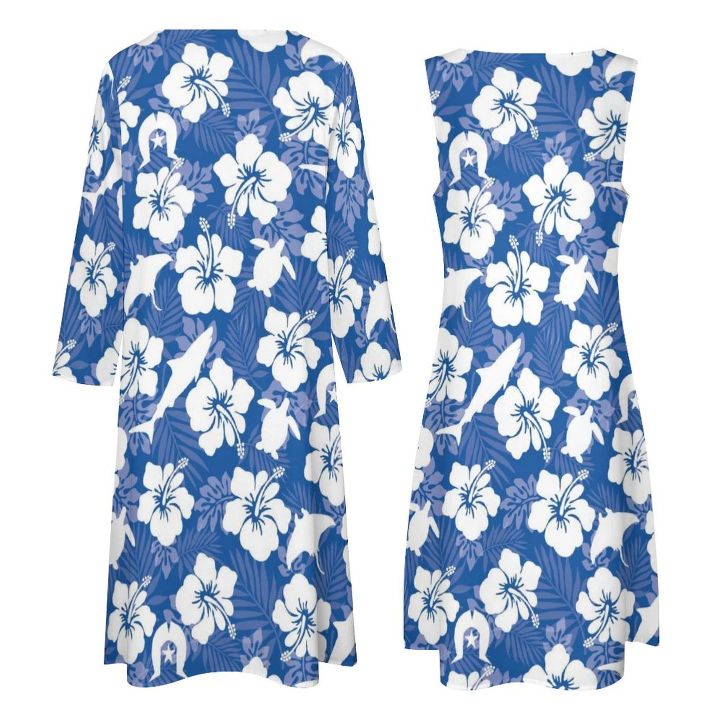 White hibiscus flowers with Dhari, Shark, turtle, and stingray on Long Dress Set