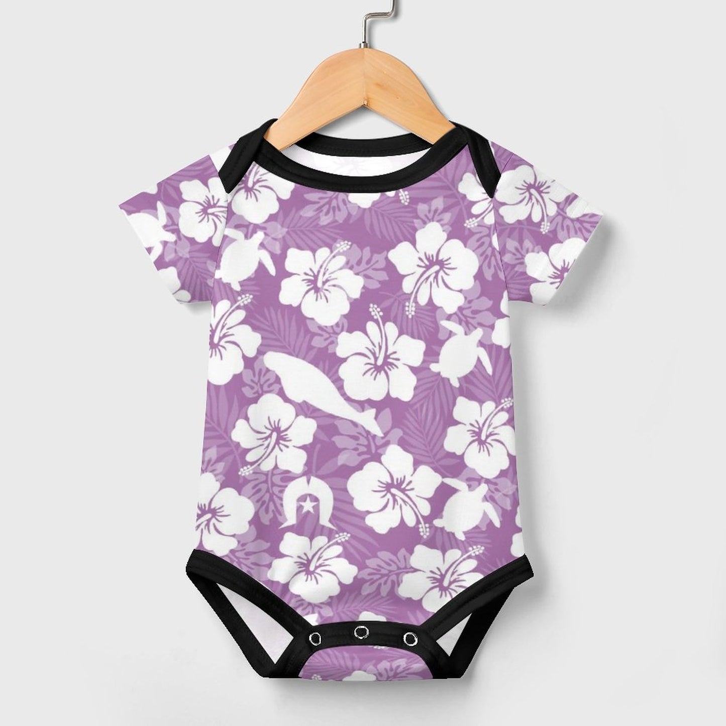 White Hibiscus flowers with Dugong, Turtle and Dhari on Faux Cotton Short Sleeve Baby Romper