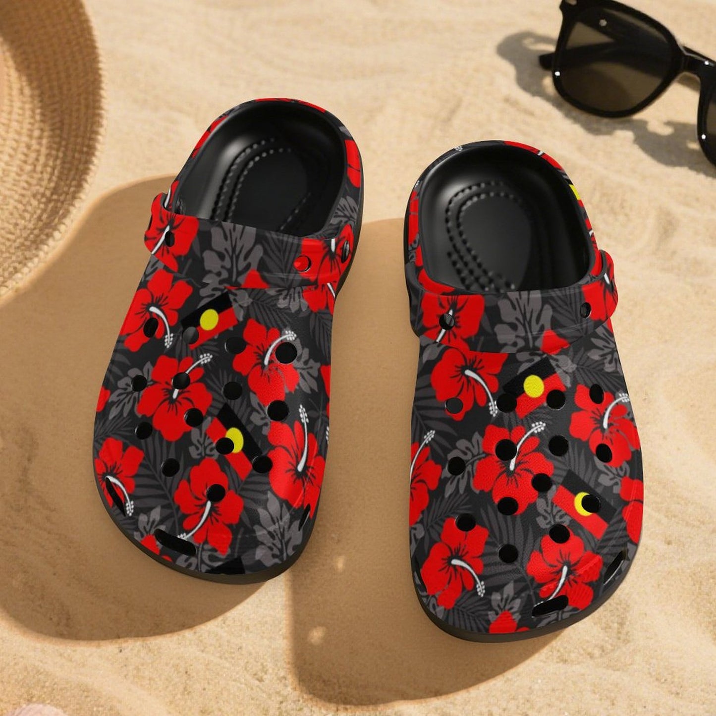 Hibiscus flowers with Aboriginal Flag on Women's High-heeled Clogs
