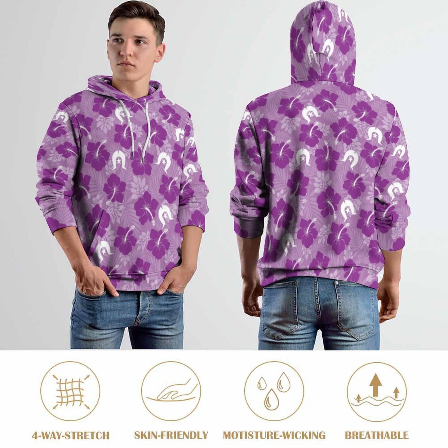 Hibiscus flowers with White Dhari (Royal purple) on Men's Cool Hoodie with Double-layer Cap