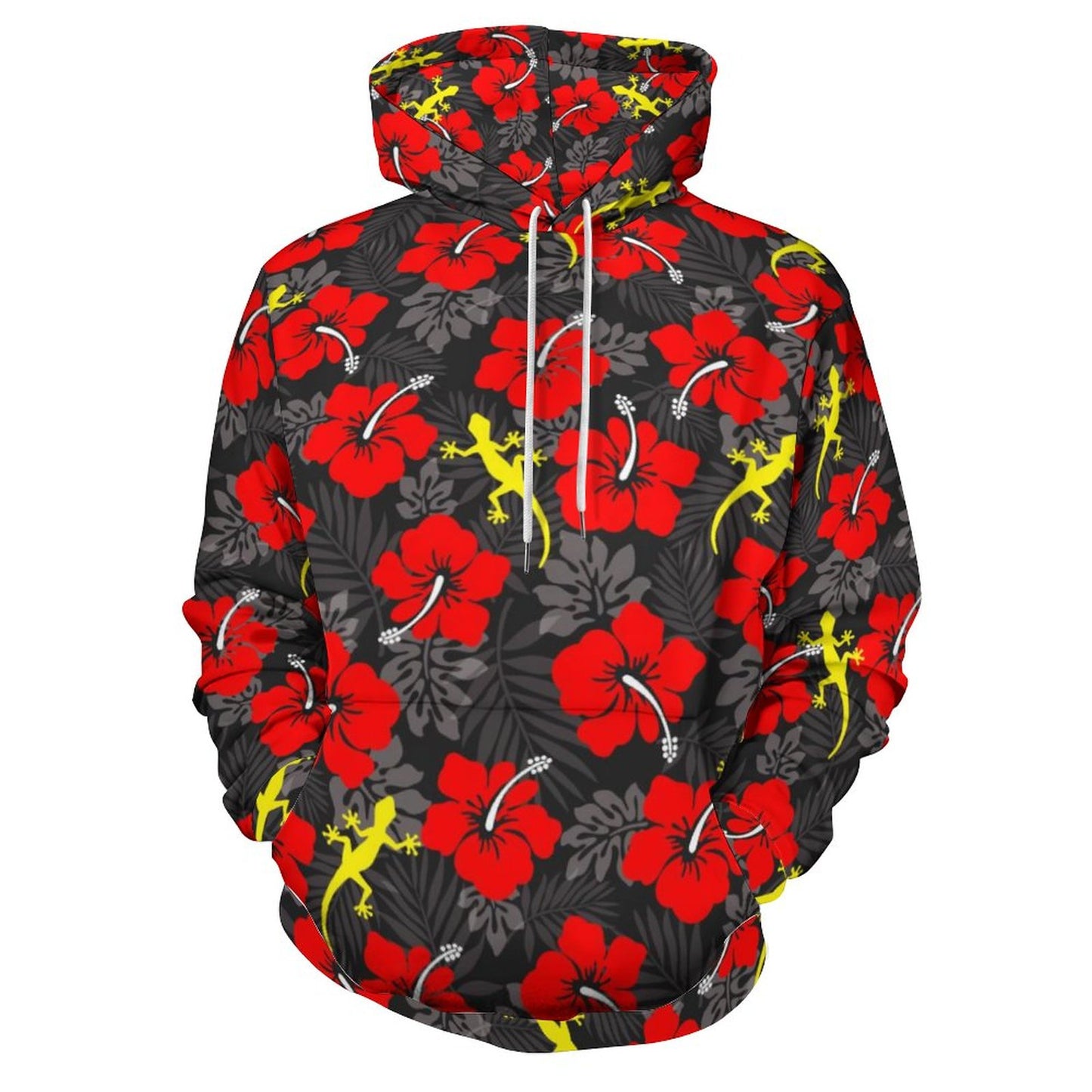 Royal Red Hibiscus flowers with Gecko on Lady Hoodie with Double-layer Cap