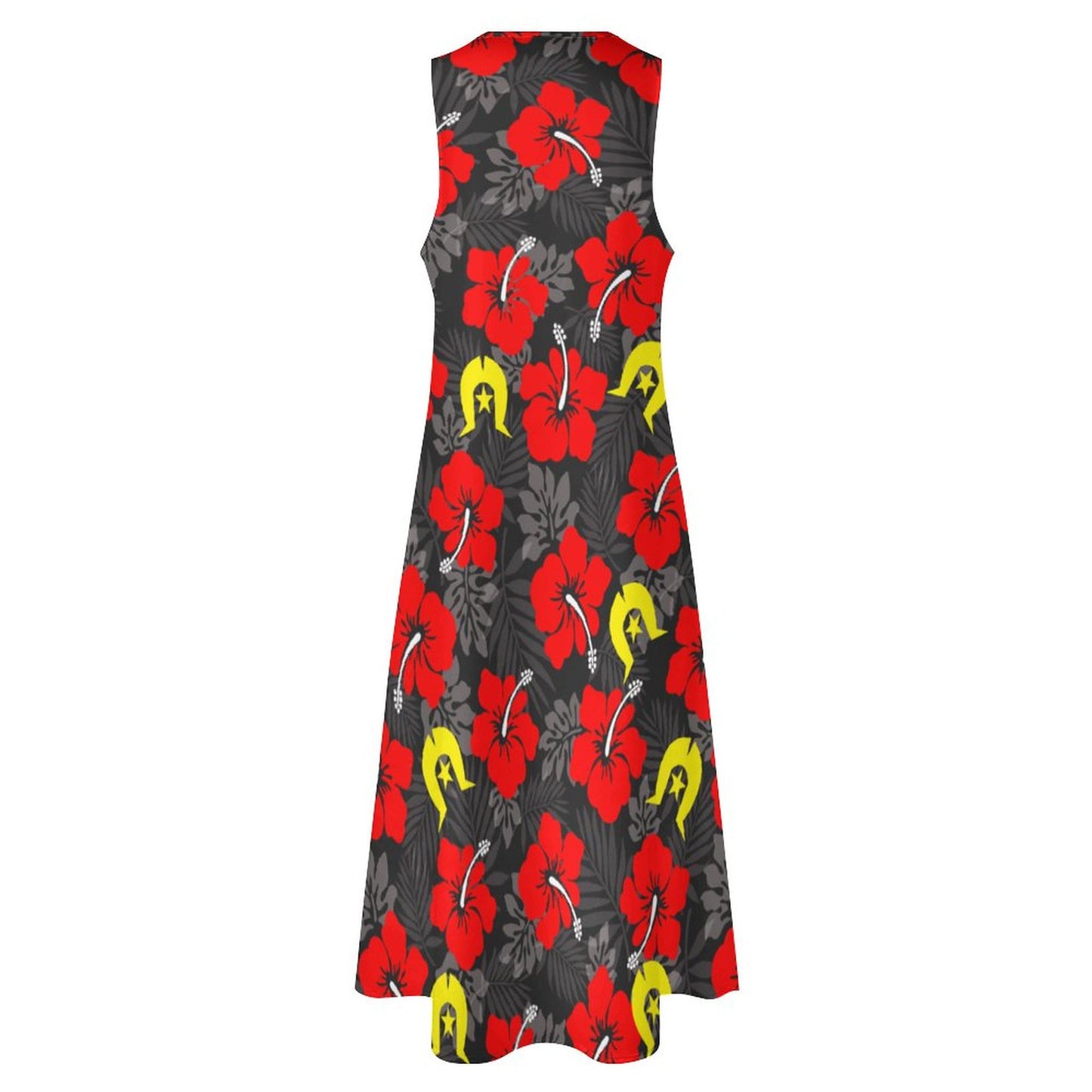 Royal Red Hibiscus with Yellow Dhari on Sleeveless Ankle-length Dress