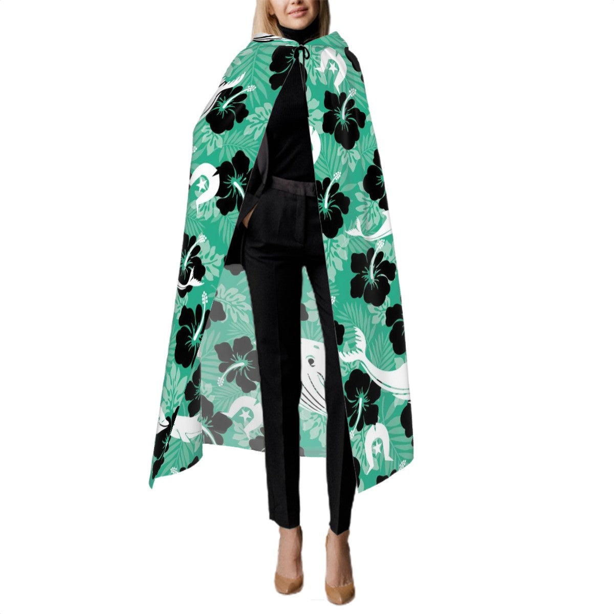 Black Hibiscus with Whale, Dolphin and Dhari on Hooded Cloak