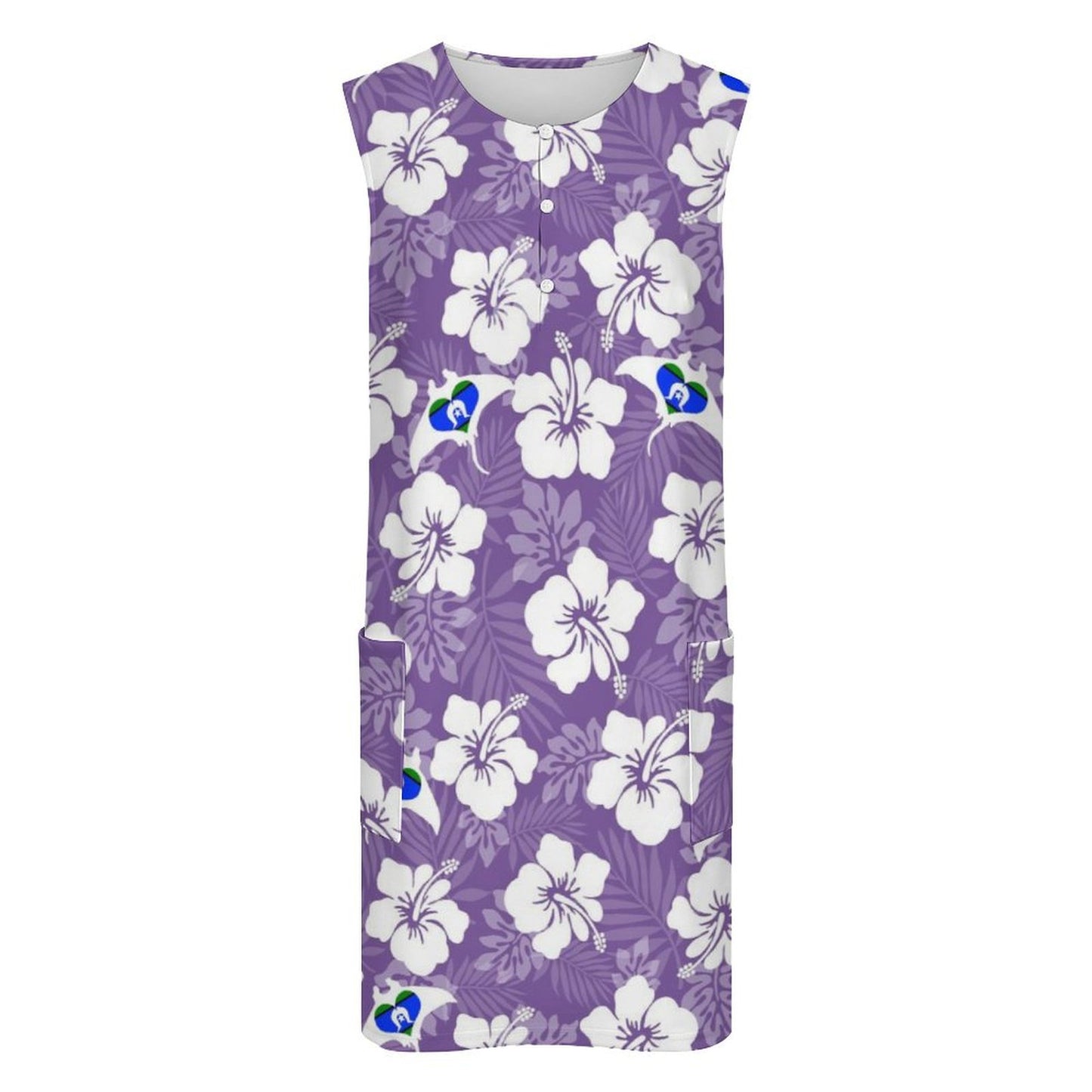 White Hibiscus with Torres Strait flag in Stingray (Purple) Sleeveless Pocket Dress