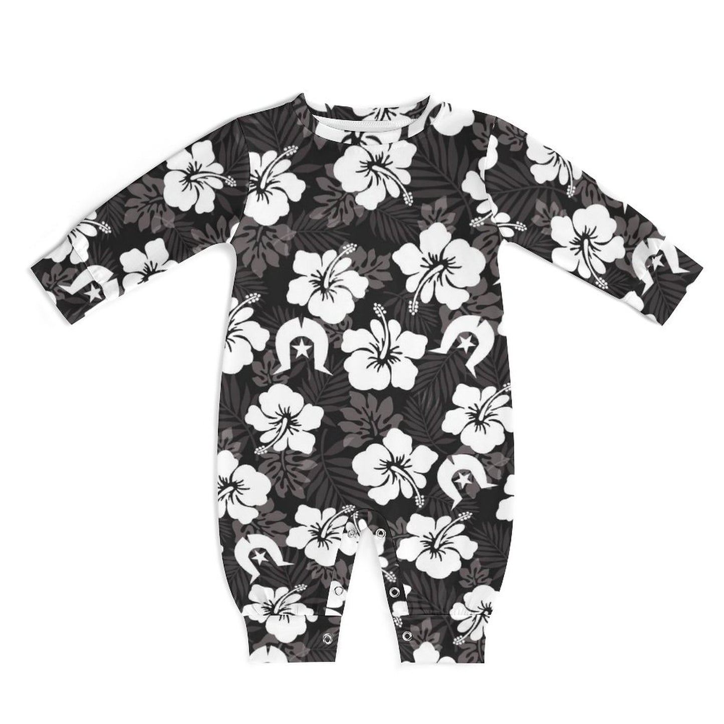 White Hibiscus and Dhari (Black) on Baby Romper