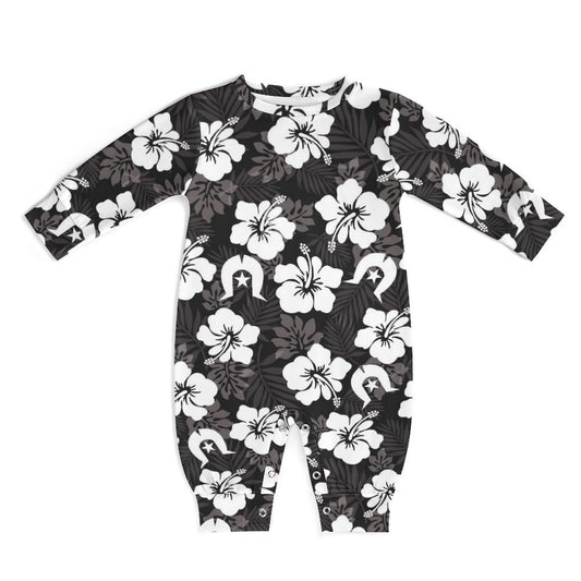 White Hibiscus and Dhari (Black) on Baby Romper