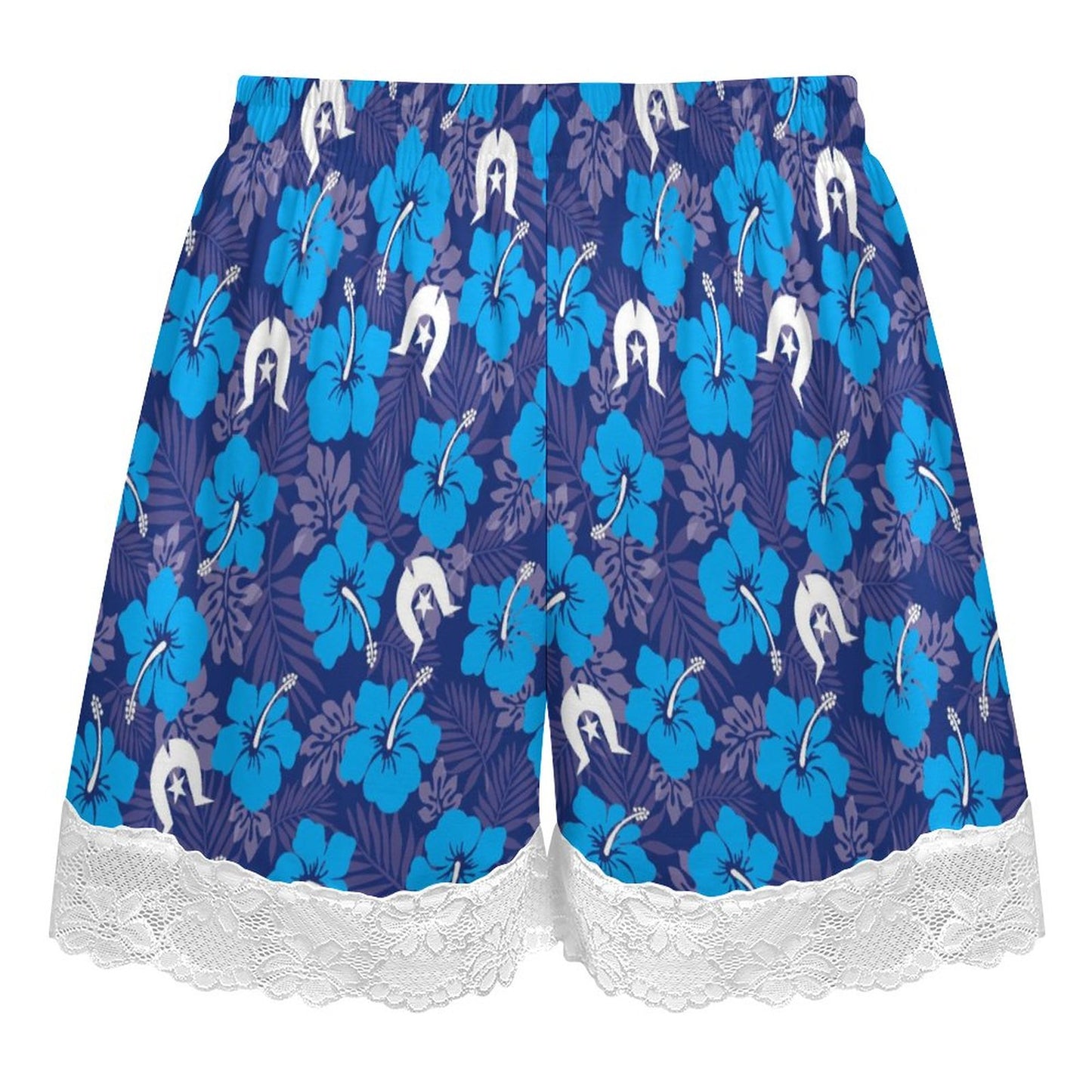 Hibiscus flowers with White Dhari (Royal blue) on 200gsm Women's Lace Trim Pajama Shorts