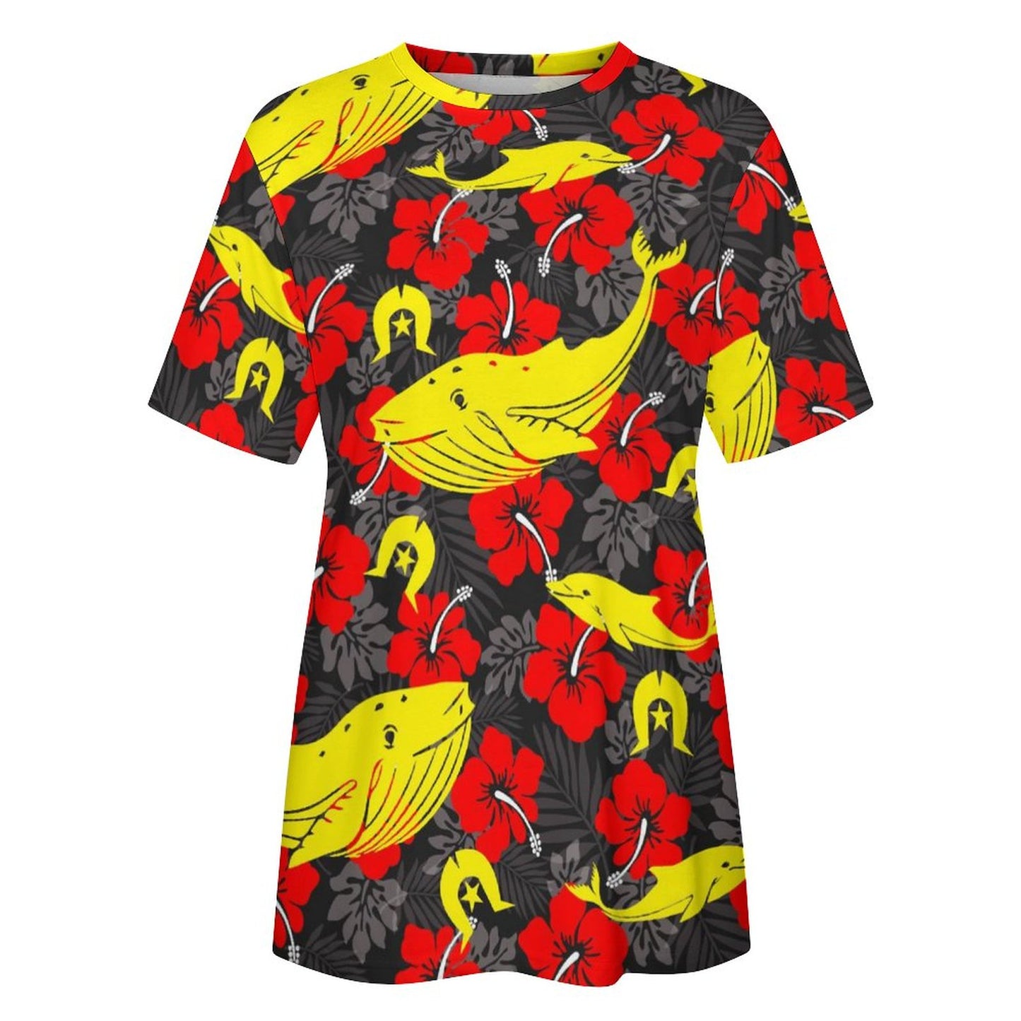 Royal Red Hibiscus with Yellow Dhari, Whale and Dolphin on Cotton Summer Short Sleeve T-Shirts for Women