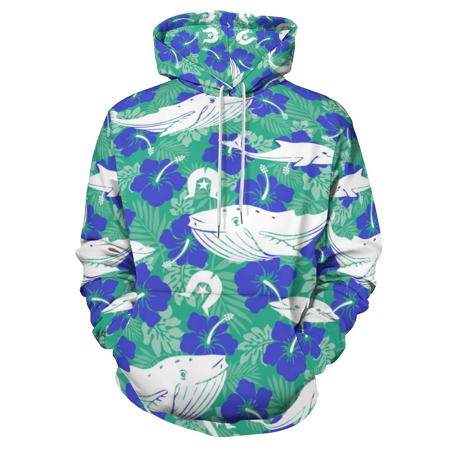 Royal Blue Hibiscus flowers with Whale, Dolphin and Dhari on Lady Hoodie with Double-layer Cap
