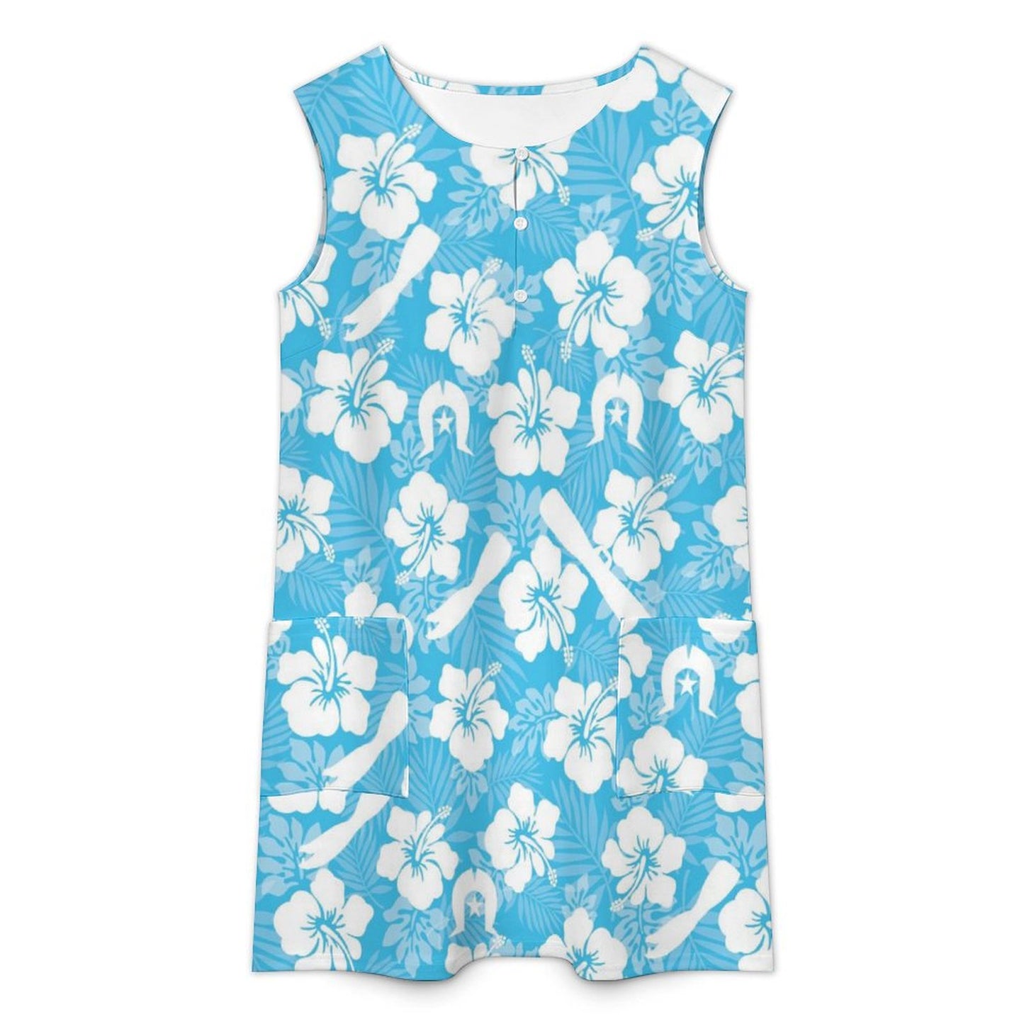 White Hibiscus flowers, Warup and Dhari on Sleeveless Pocket Dress