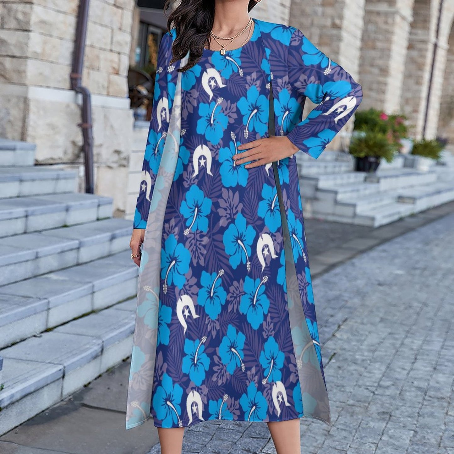 Hibiscus flowers with White Dhari (Royal blue) on Long Dress Set
