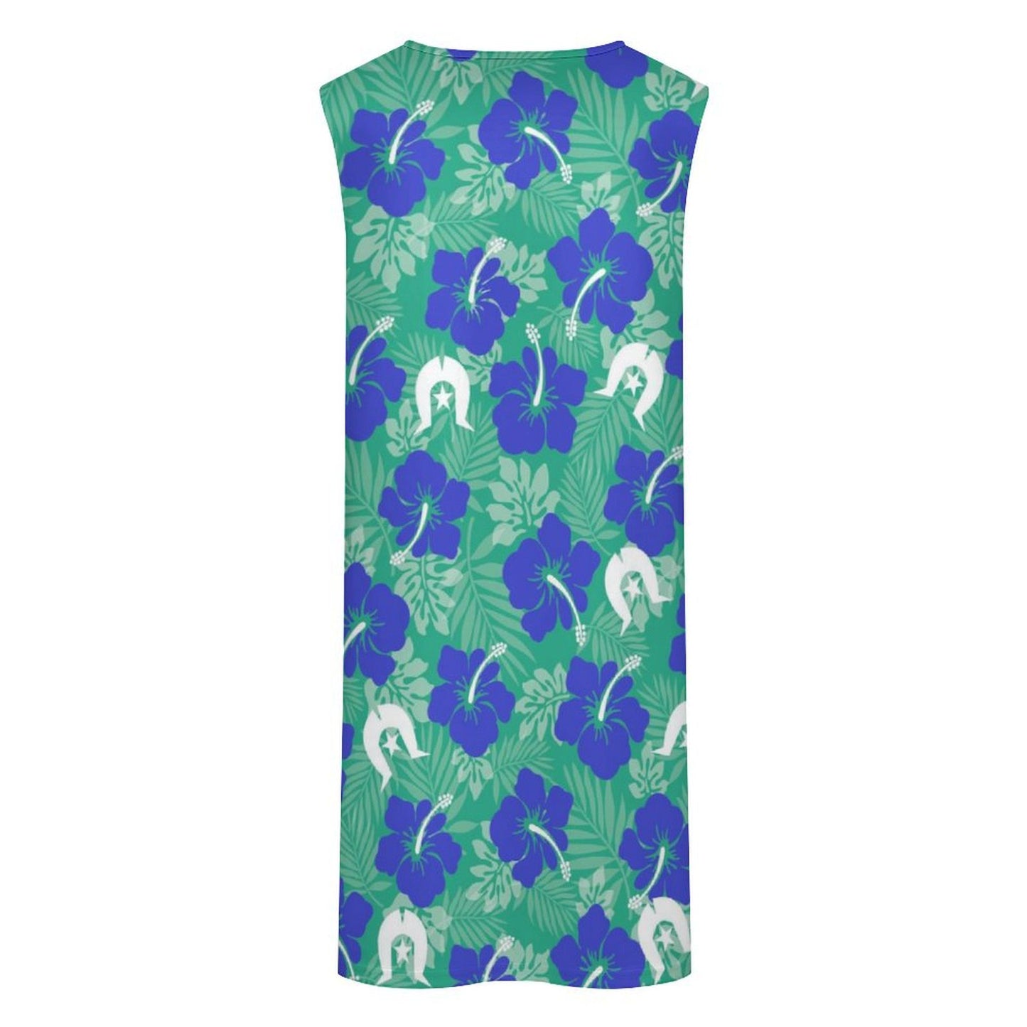 Blue Hibiscus flowers with Dhari on Sleeveless Pocket Dress