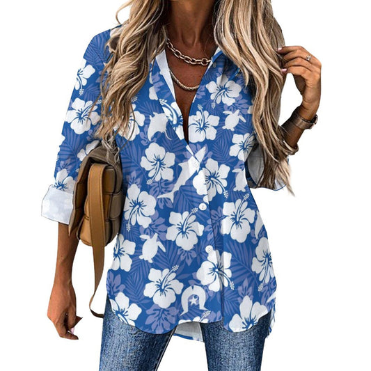 White hibiscus flowers with Dhari, Shark, turtle, and stingray on Women's shirts