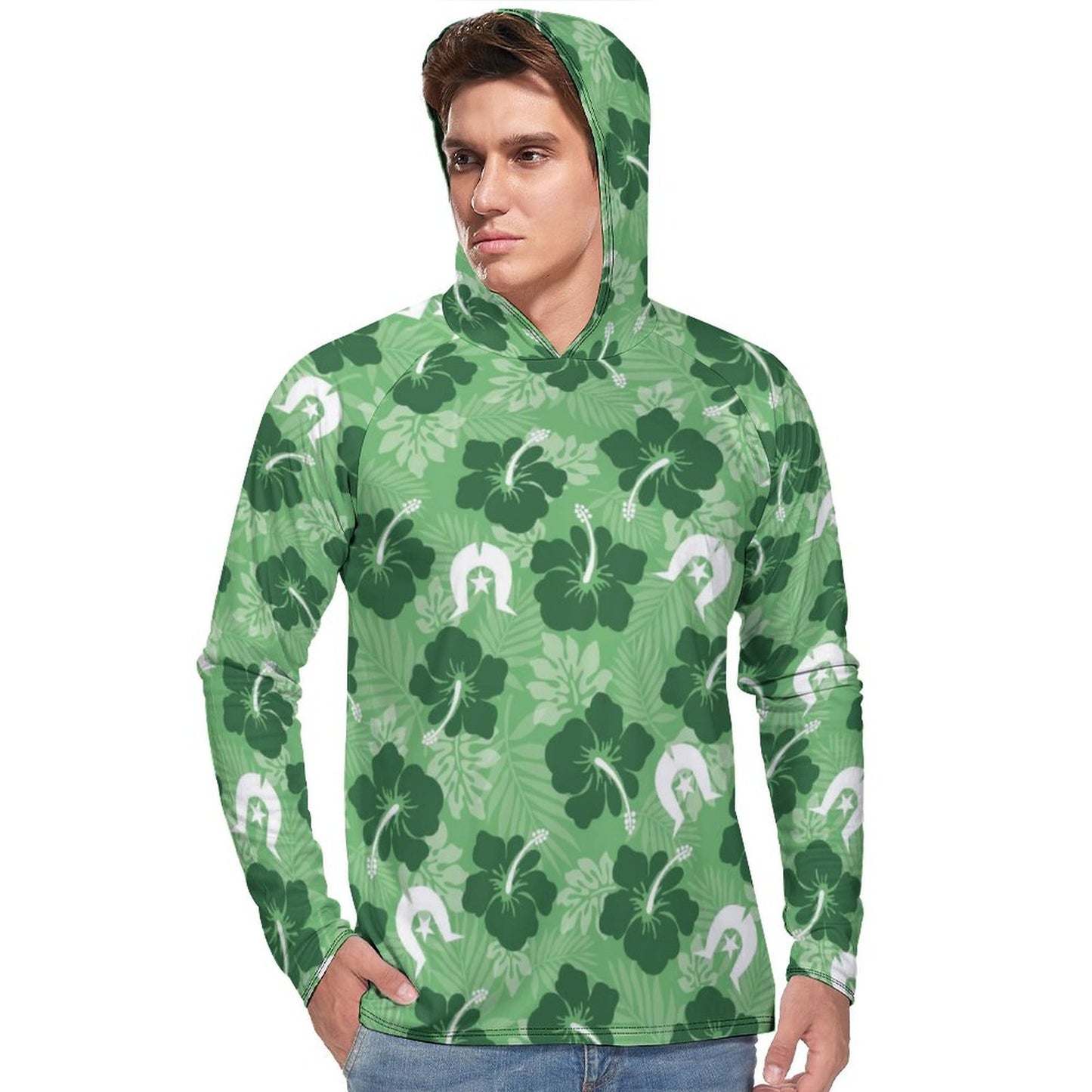Hibiscus flowers with Dhari (Sea Grass Green) on Men's UPF 40+ Sun Protection Fishing Shirt