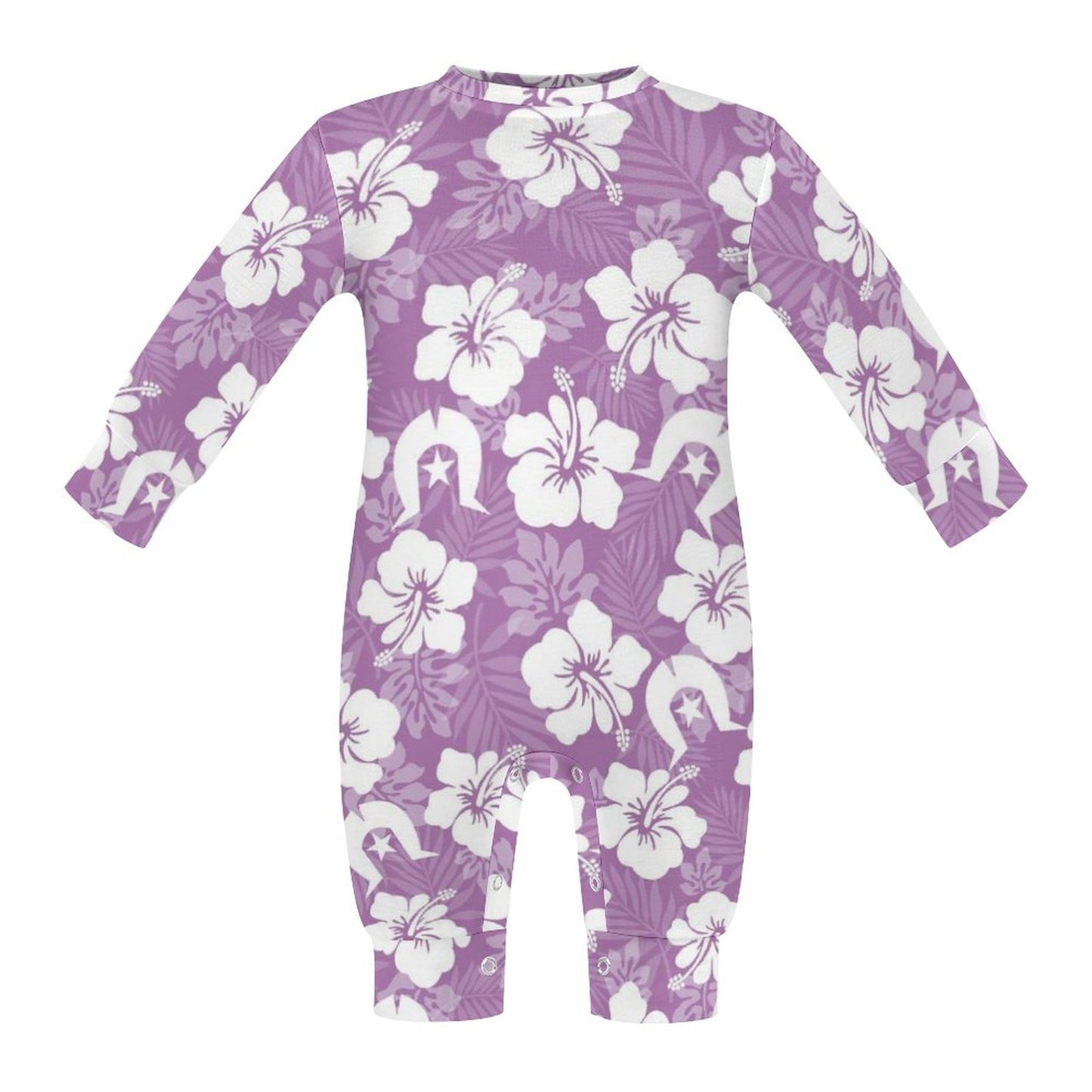 White Hibiscus and Dhari (Purple) on Baby Romper