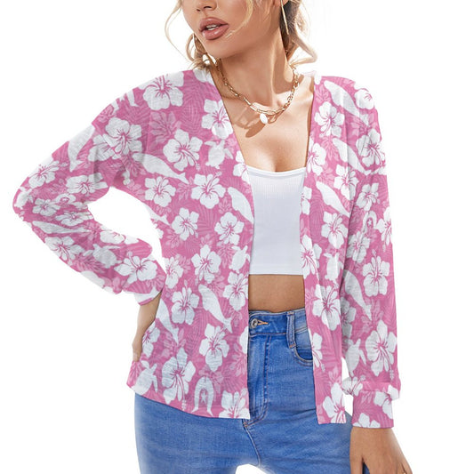 White hibiscus flowers with Dhari, Shark, turtle, and stingray (Pink) Long Sleeve Drop Shoulder Open Shirt