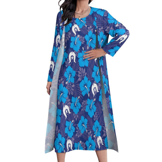 Hibiscus flowers with White Dhari (Royal blue) on Long Dress Set