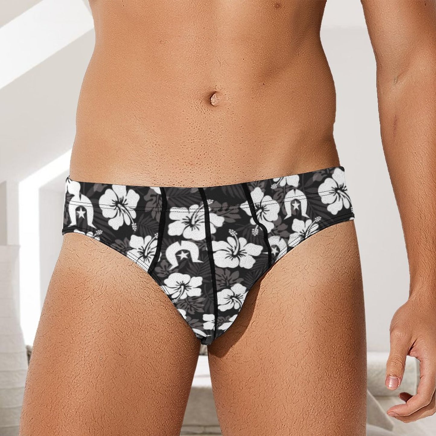White Hibiscus and Dhari (Black) on Milk Silk Men's Briefs