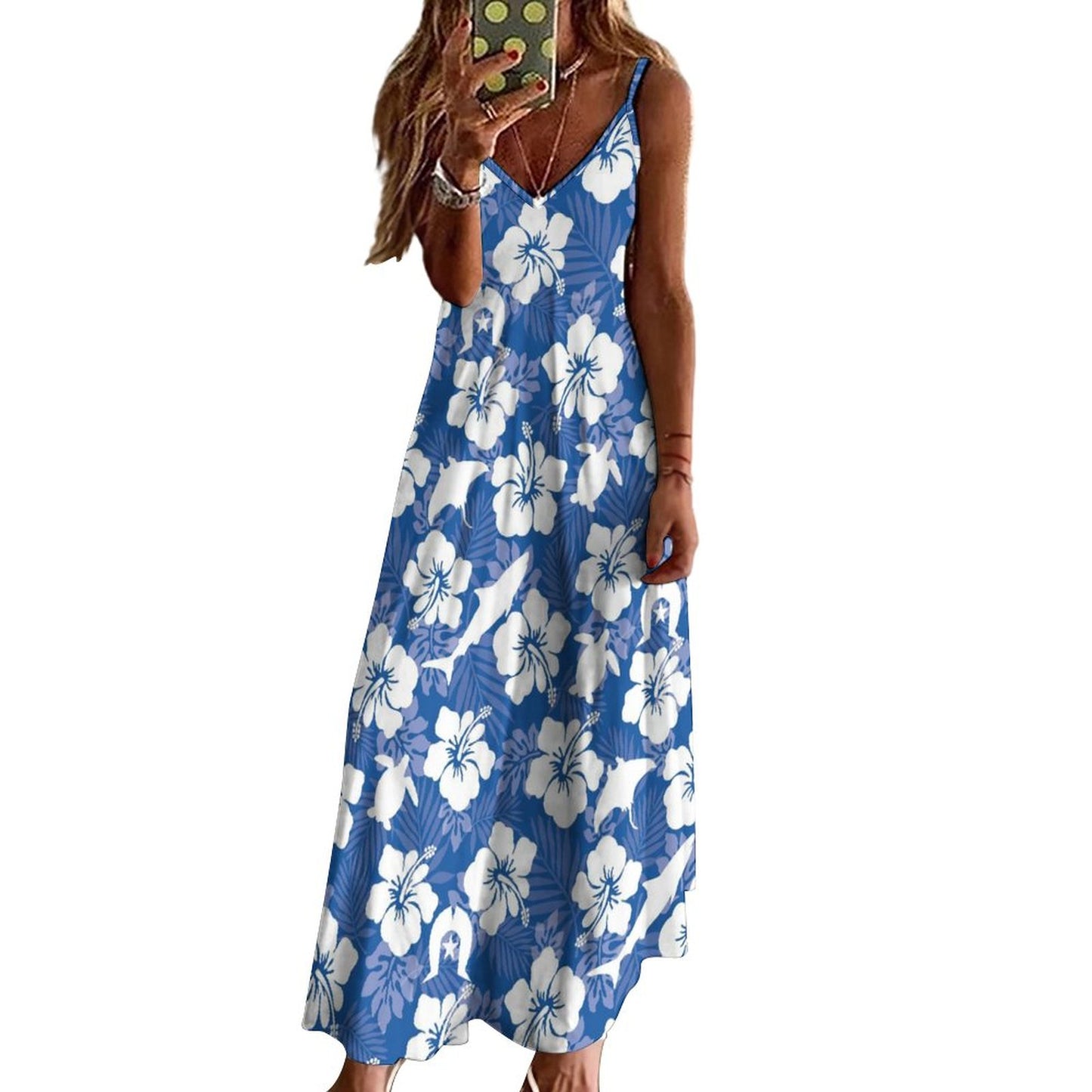White hibiscus flowers with Dhari, Shark, turtle, and stingray on Ankle-length Slip Dress BDQ
