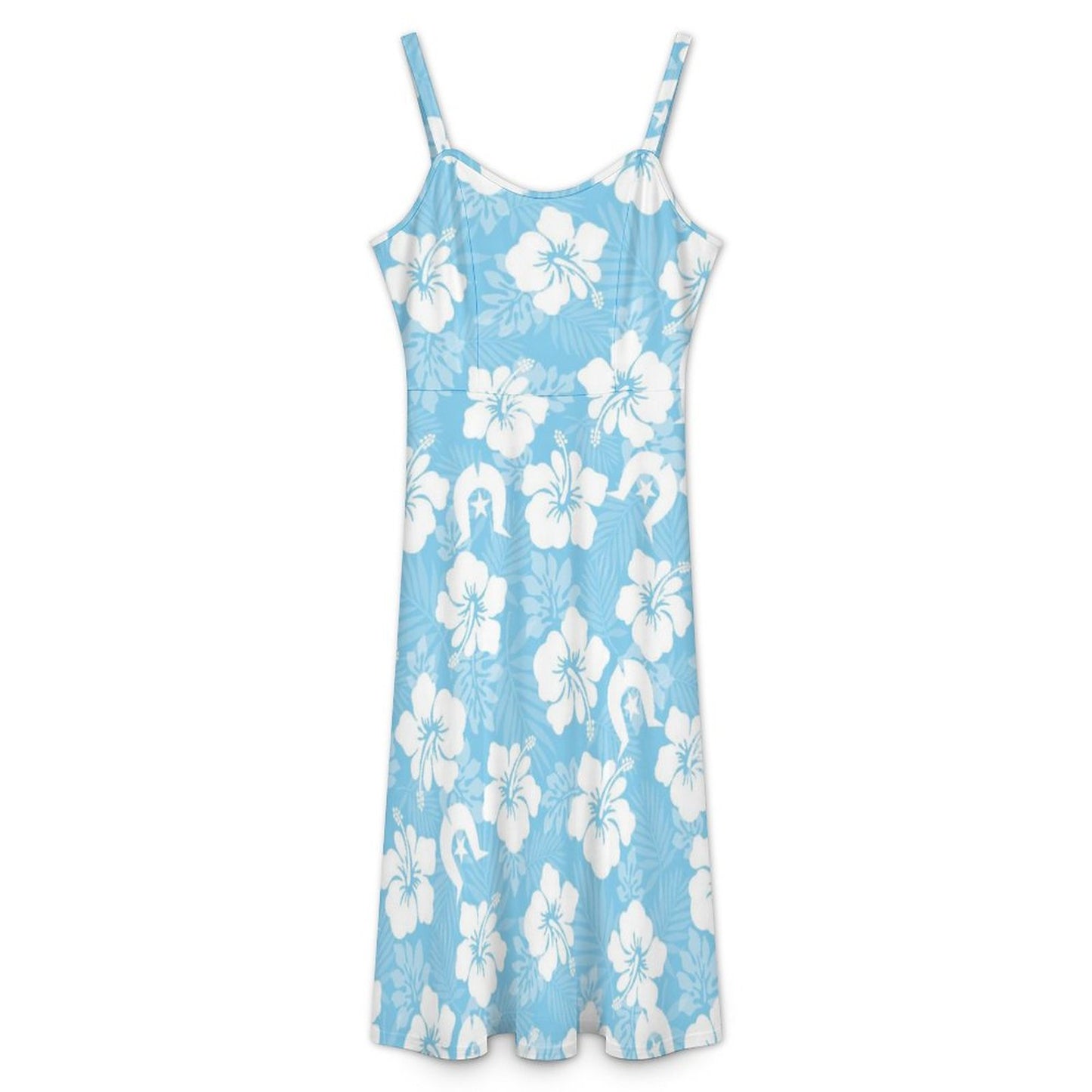 White Hibiscus and Dhari (blue) on Midi Spaghetti Strap Dress
