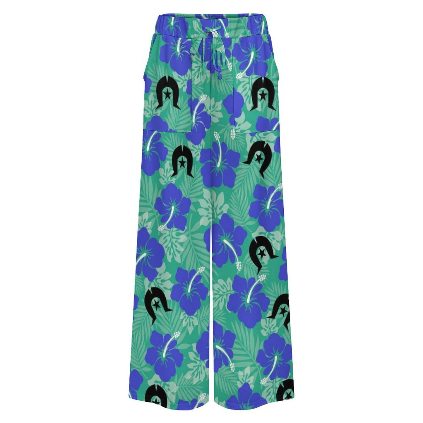 Royal Blue Hibiscus flowers with Black Dhari on Women’s Wide-Leg Pants